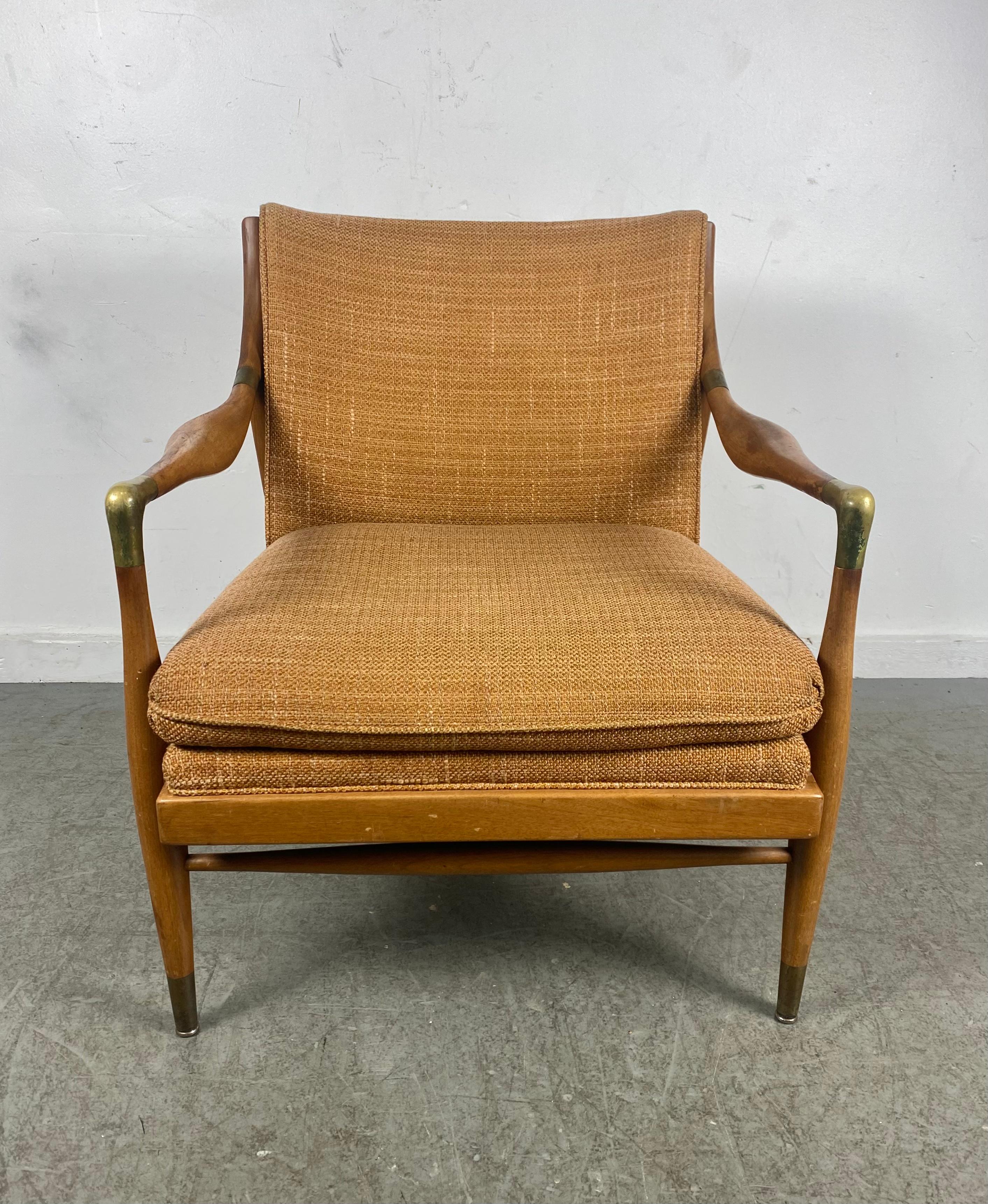 Mid-Century Modern Lounge Chair, Walnut /Brass Accents, Jamestown Royal Up Co In Good Condition In Buffalo, NY