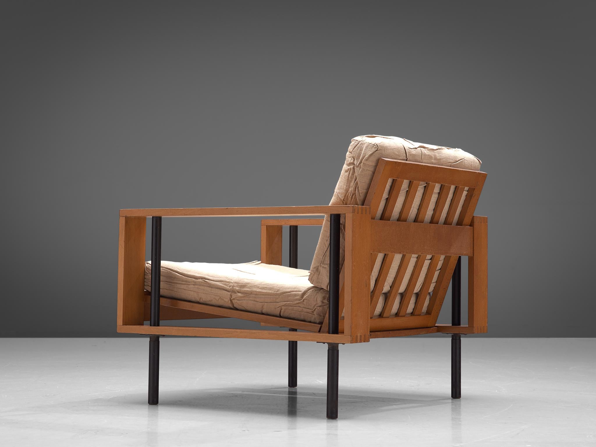 Lounge chair, stained wood, fabric, Europe, 1950s

This streamlined design convinces the viewer's eye through the linear plan and open elements. The armrests are composed of a cubic-shaped framework through which iron rods are secured to function as