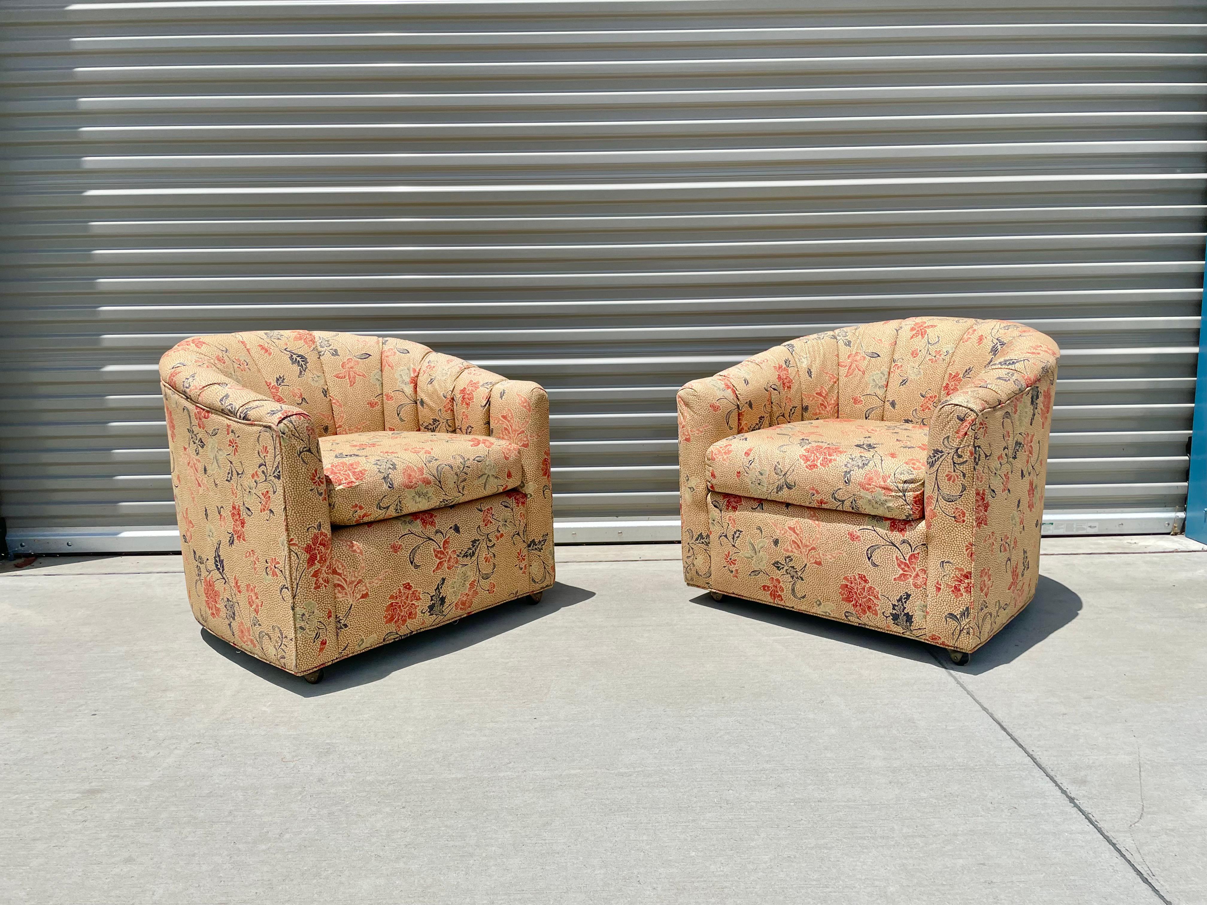 Stunning midcentury lounge chairs were designed and manufactured in the united states circa 1970s. These vintage pair of lounge chairs feature a four-wheel base letting you move them whenever you like to rearrange the living room. The chairs feature