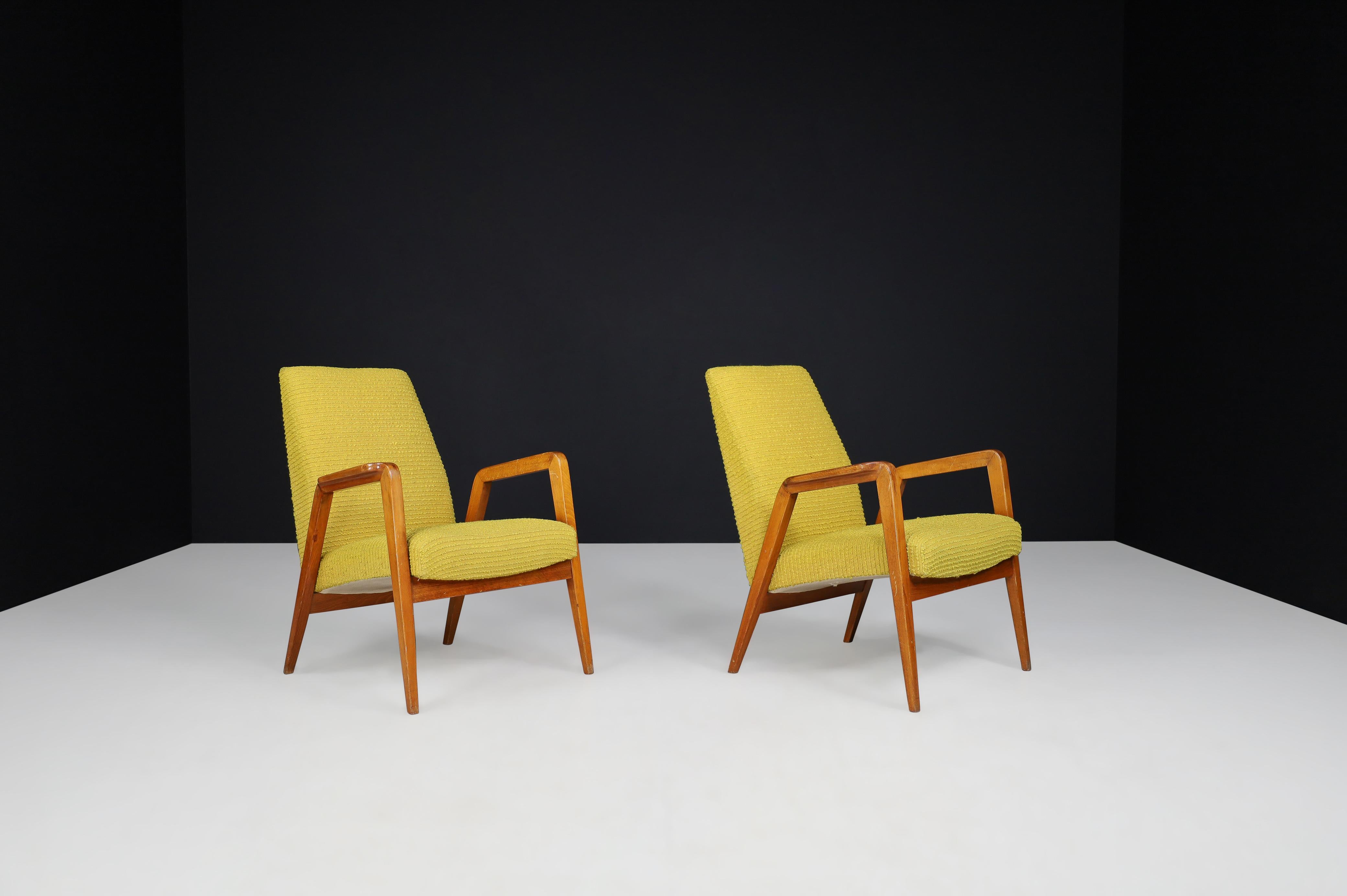 Czech Mid-Century Modern Lounge Chairs in Original Lemon Upholstery, Praque 1950s  For Sale