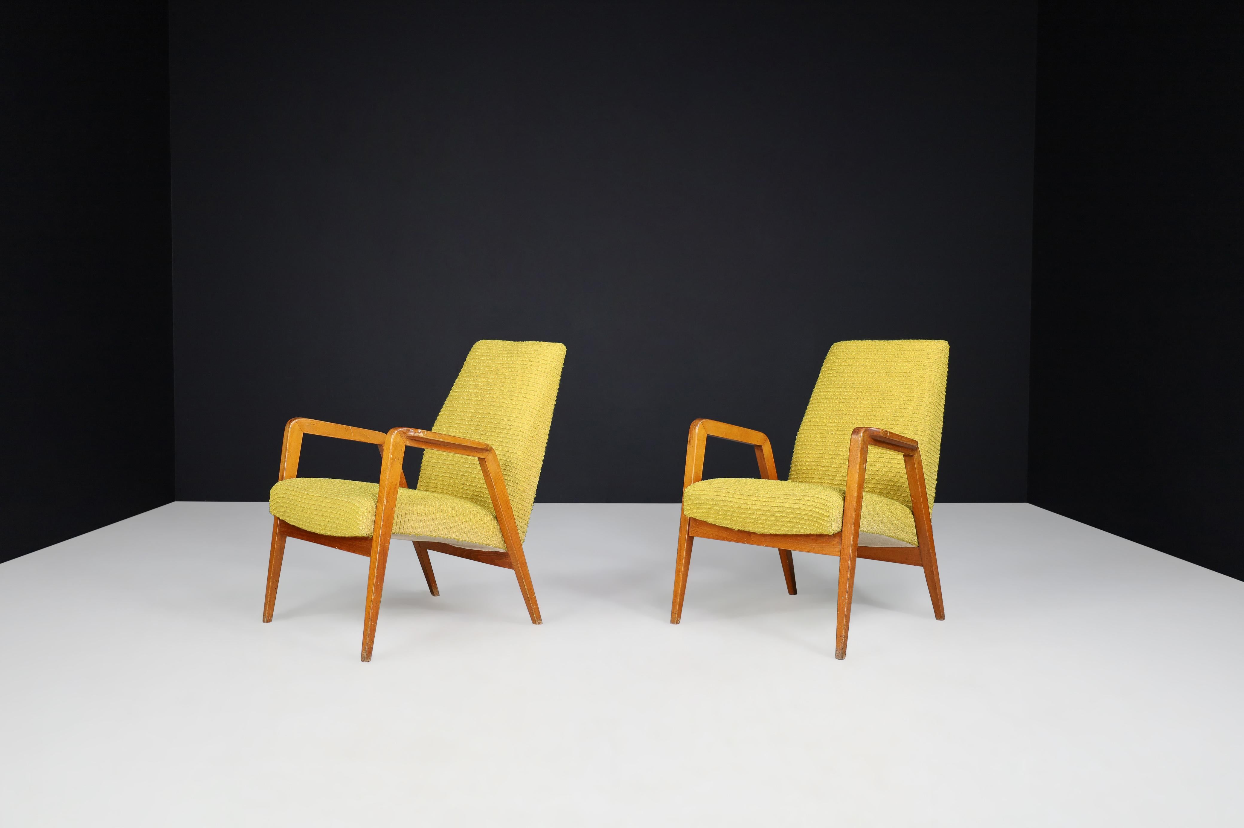 20th Century Mid-Century Modern Lounge Chairs in Original Lemon Upholstery, Praque 1950s  For Sale