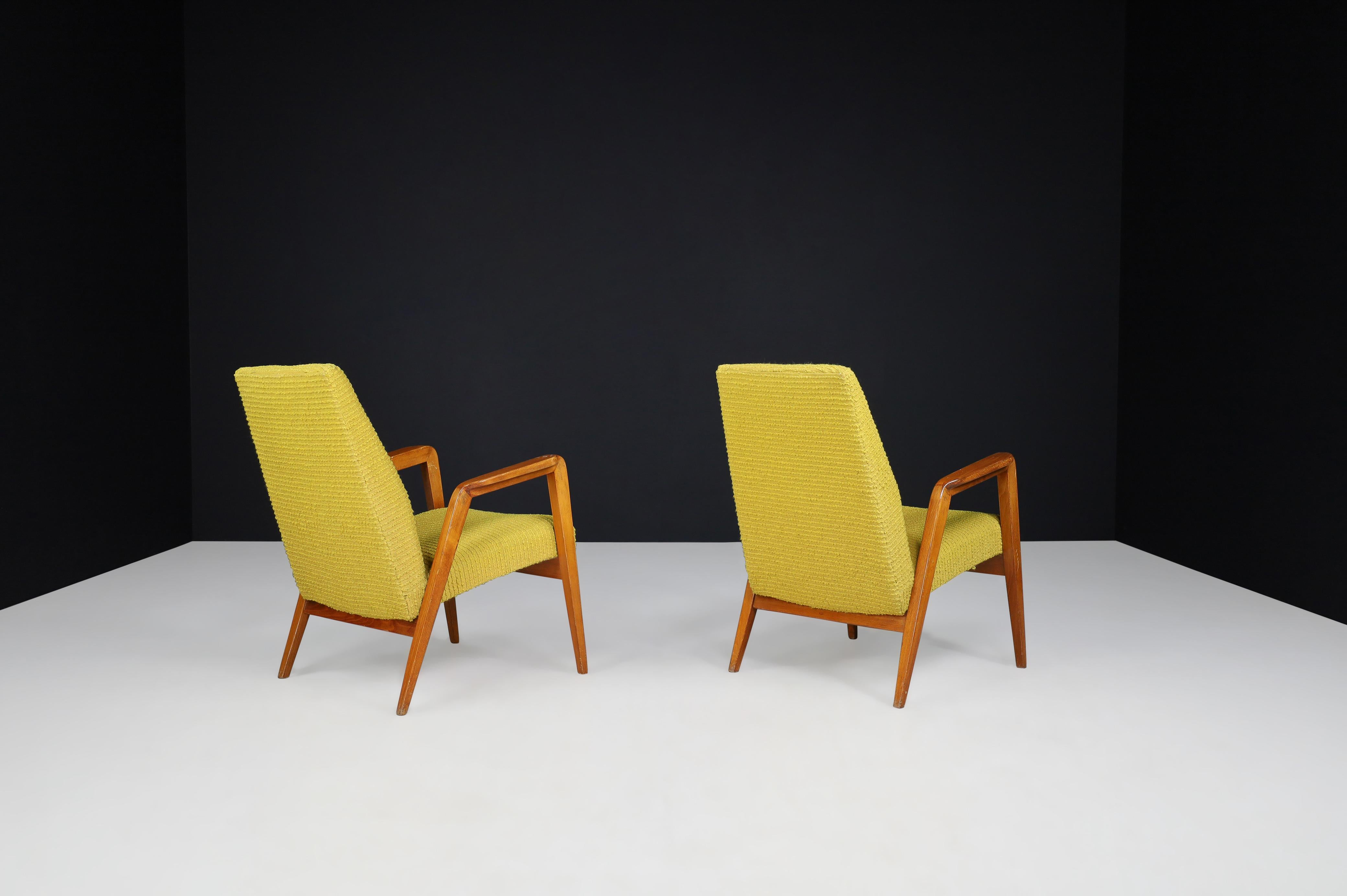 Fabric Mid-Century Modern Lounge Chairs in Original Lemon Upholstery, Praque 1950s  For Sale
