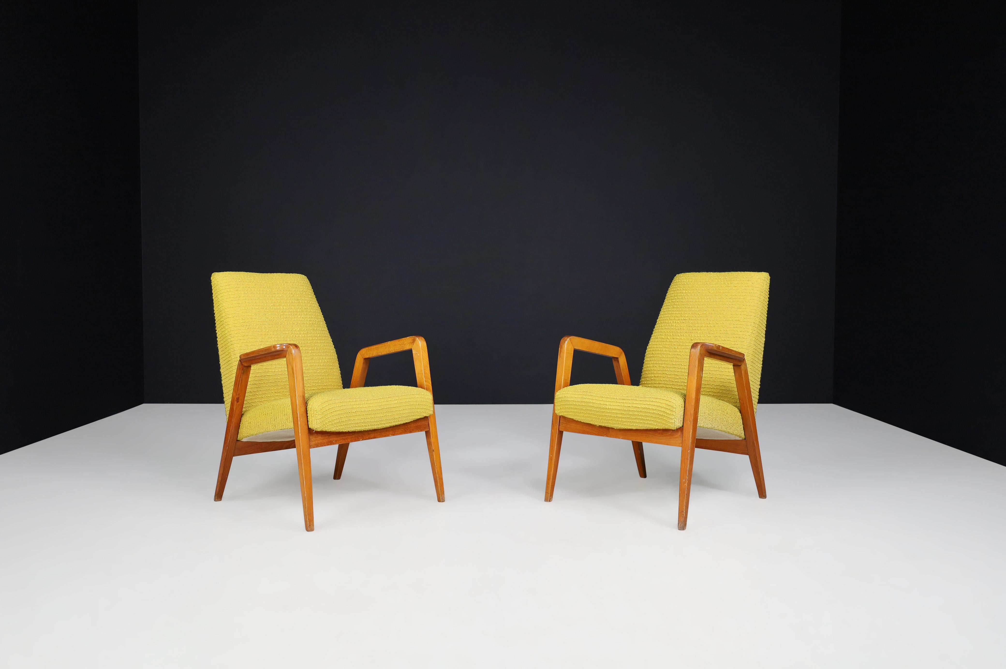 Mid-Century Modern Lounge Chairs in Original Lemon Upholstery, Praque 1950s  For Sale 3