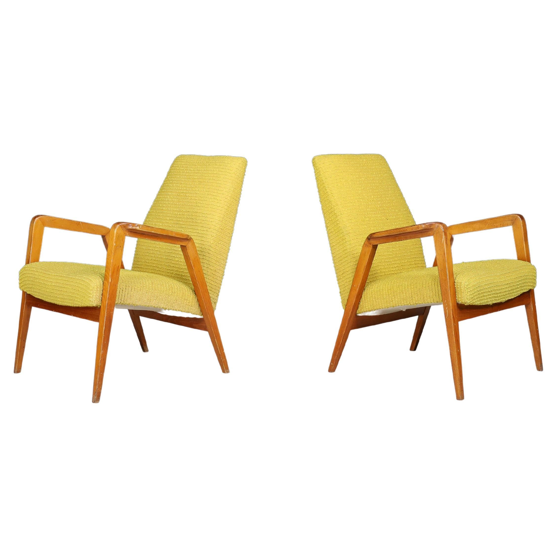 Mid-Century Modern Lounge Chairs in Original Lemon Upholstery, Praque 1950s  For Sale