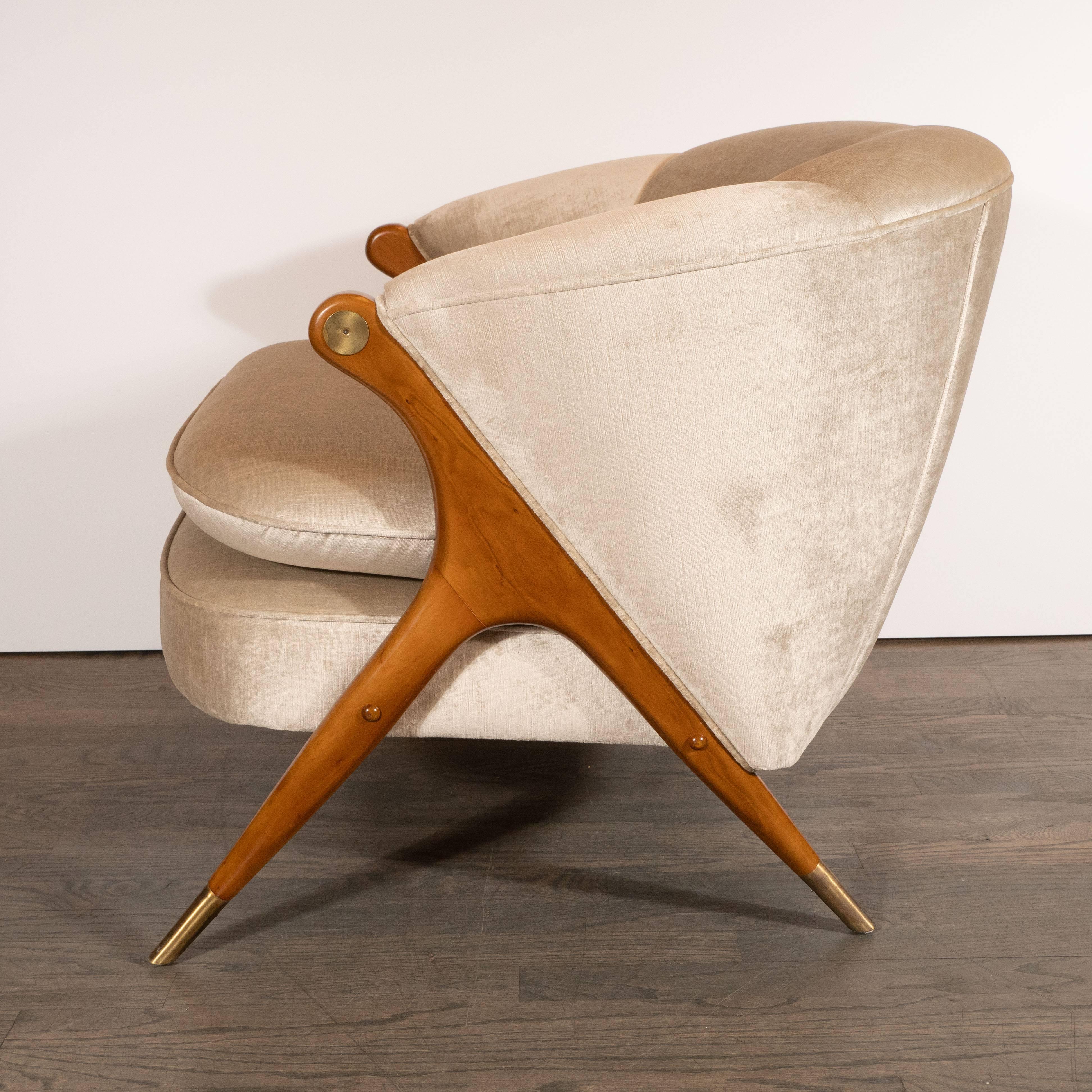 Mid-Century Modern Lounge Chairs in Walnut, Brass and Champagne Velvet by Karpen In Excellent Condition In New York, NY