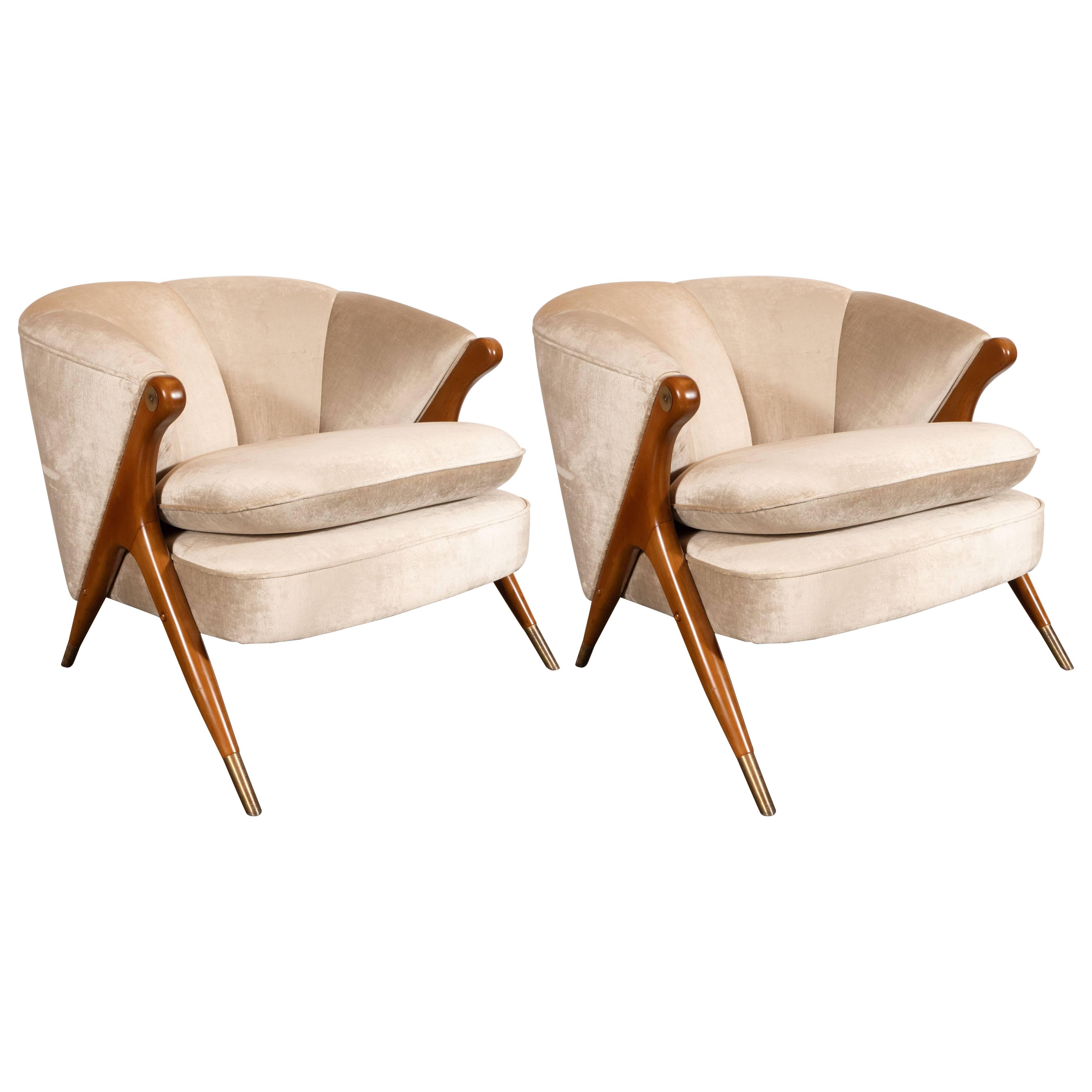 Mid-Century Modern Lounge Chairs in Walnut, Brass and Champagne Velvet by Karpen