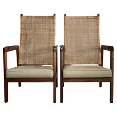 Retro Mid-Century Modern Lounge Chairs in Wood and Cane, Set of 2