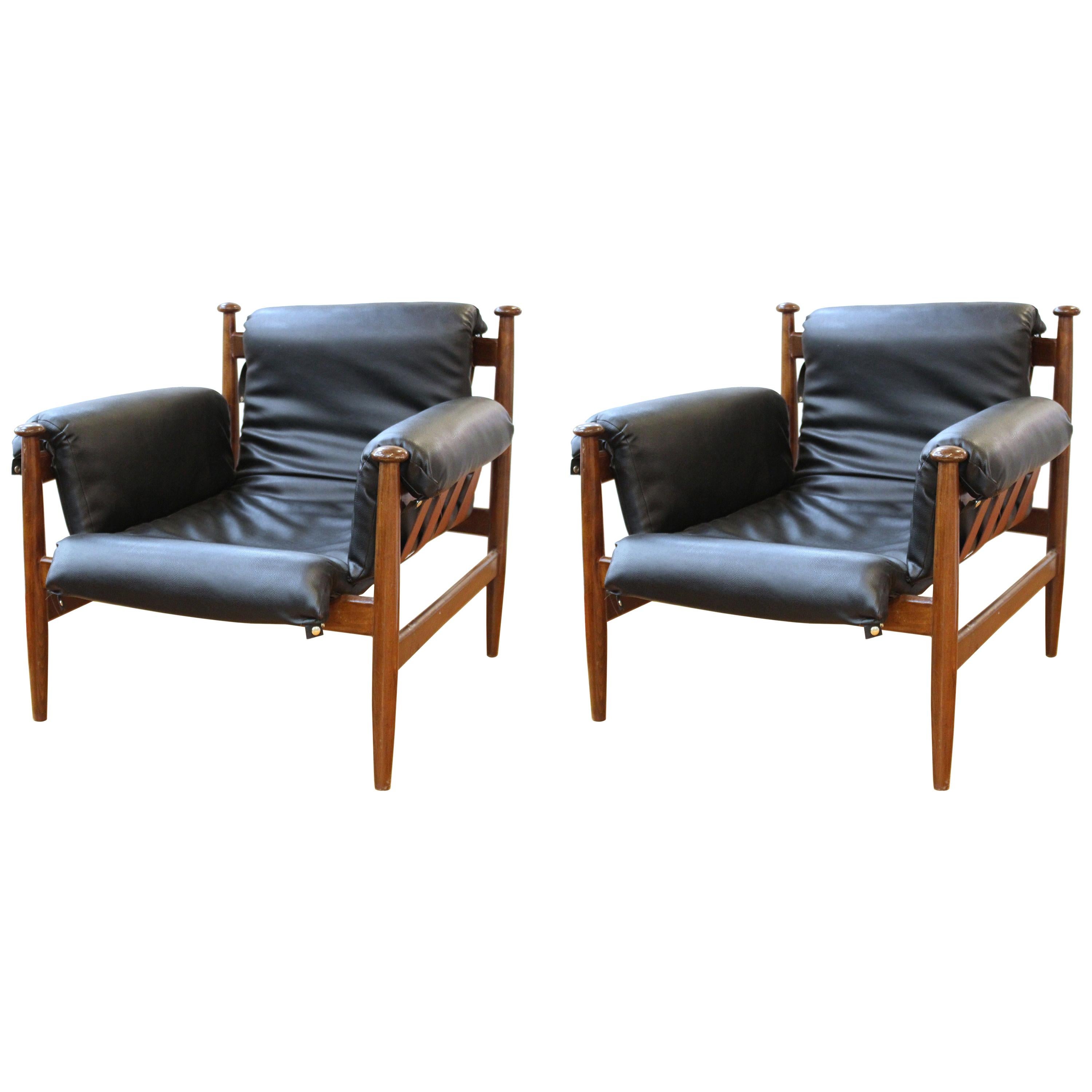 Mid-Century Modern Lounge Chairs or Armchairs with Wooden Frame