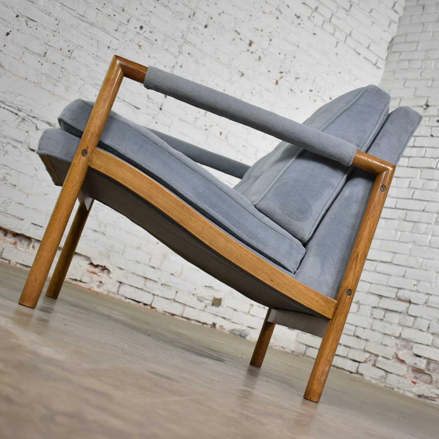 Brass Mid-Century Modern Lounge Club Chair with Wood Frame and Ice Blue Velvet