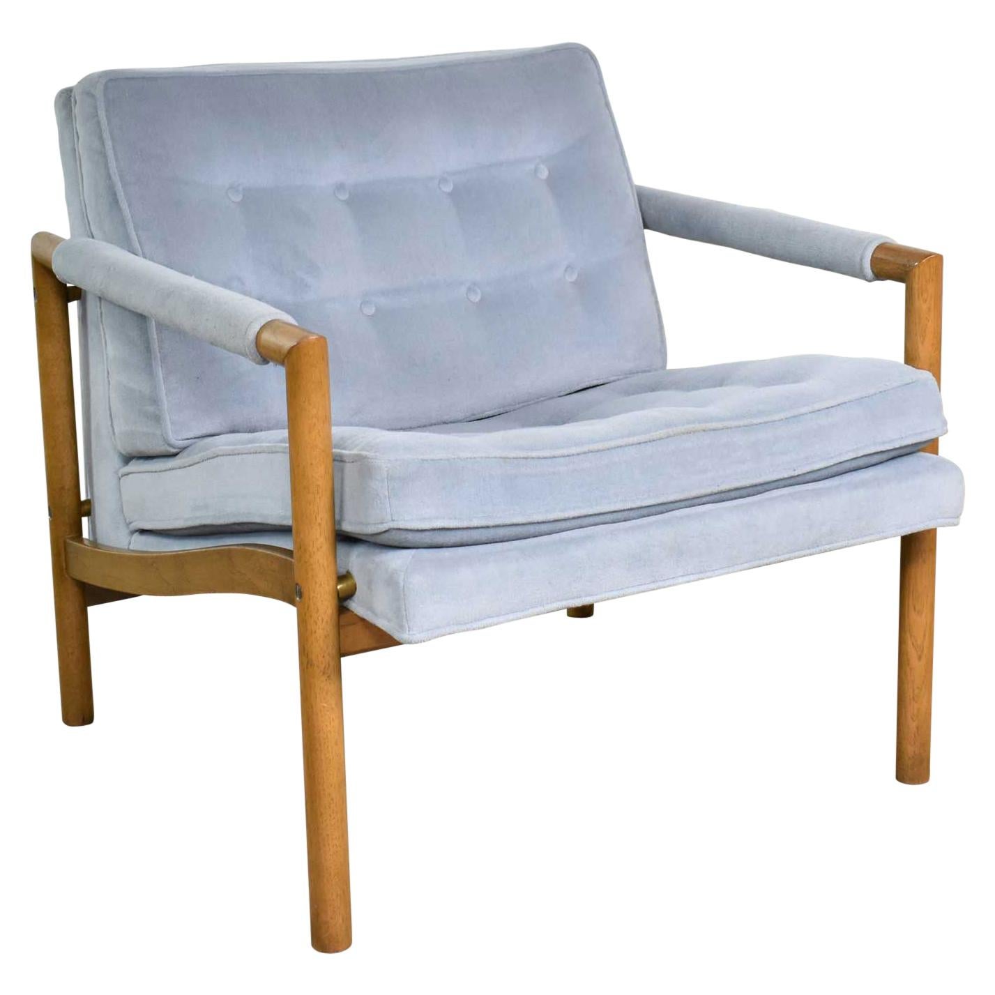 Mid-Century Modern Lounge Club Chair with Wood Frame and Ice Blue Velvet