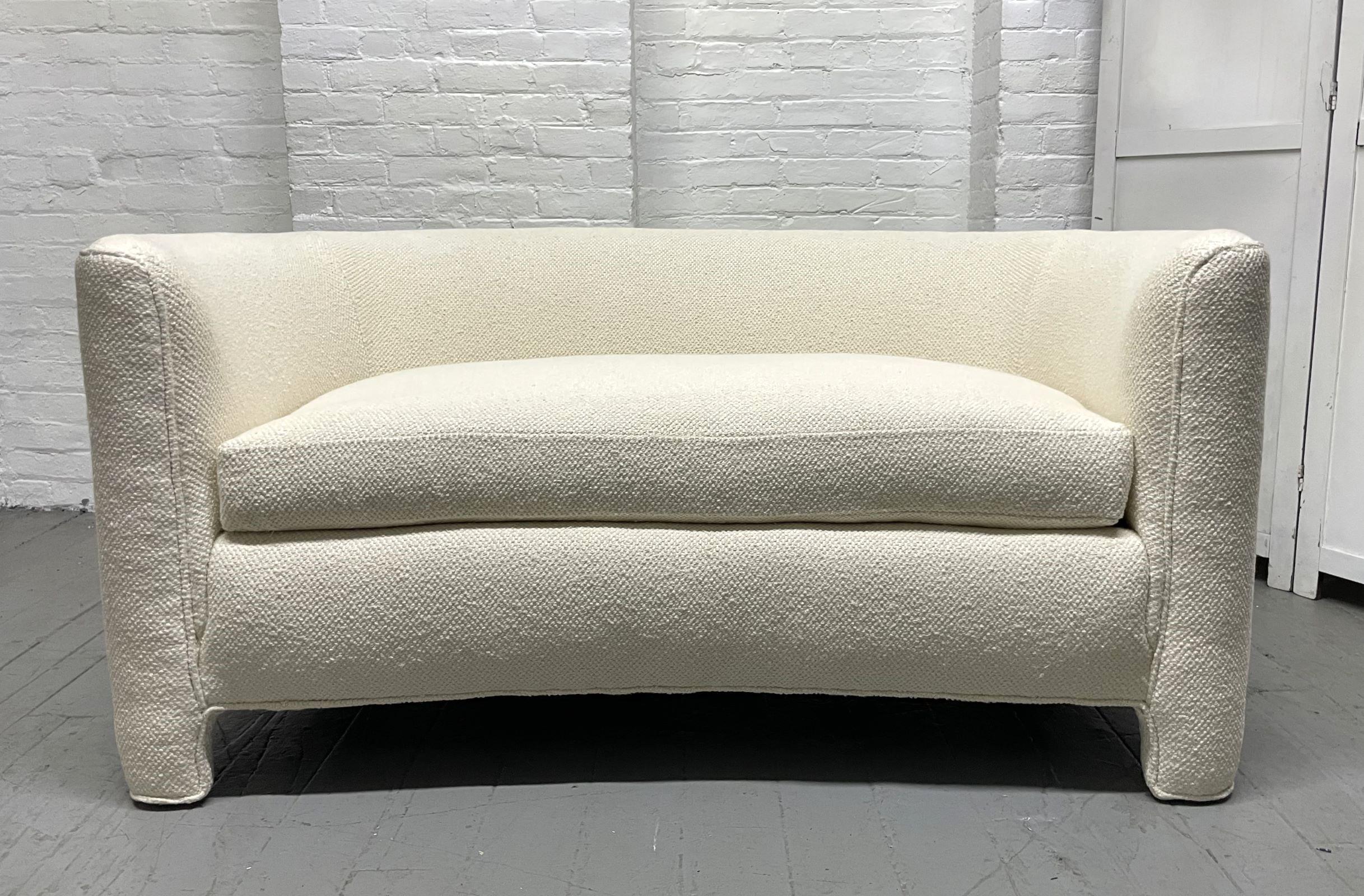 Mid-Century Modern Loveseat in Bouclé fabric. This loveseat is very comfortable.