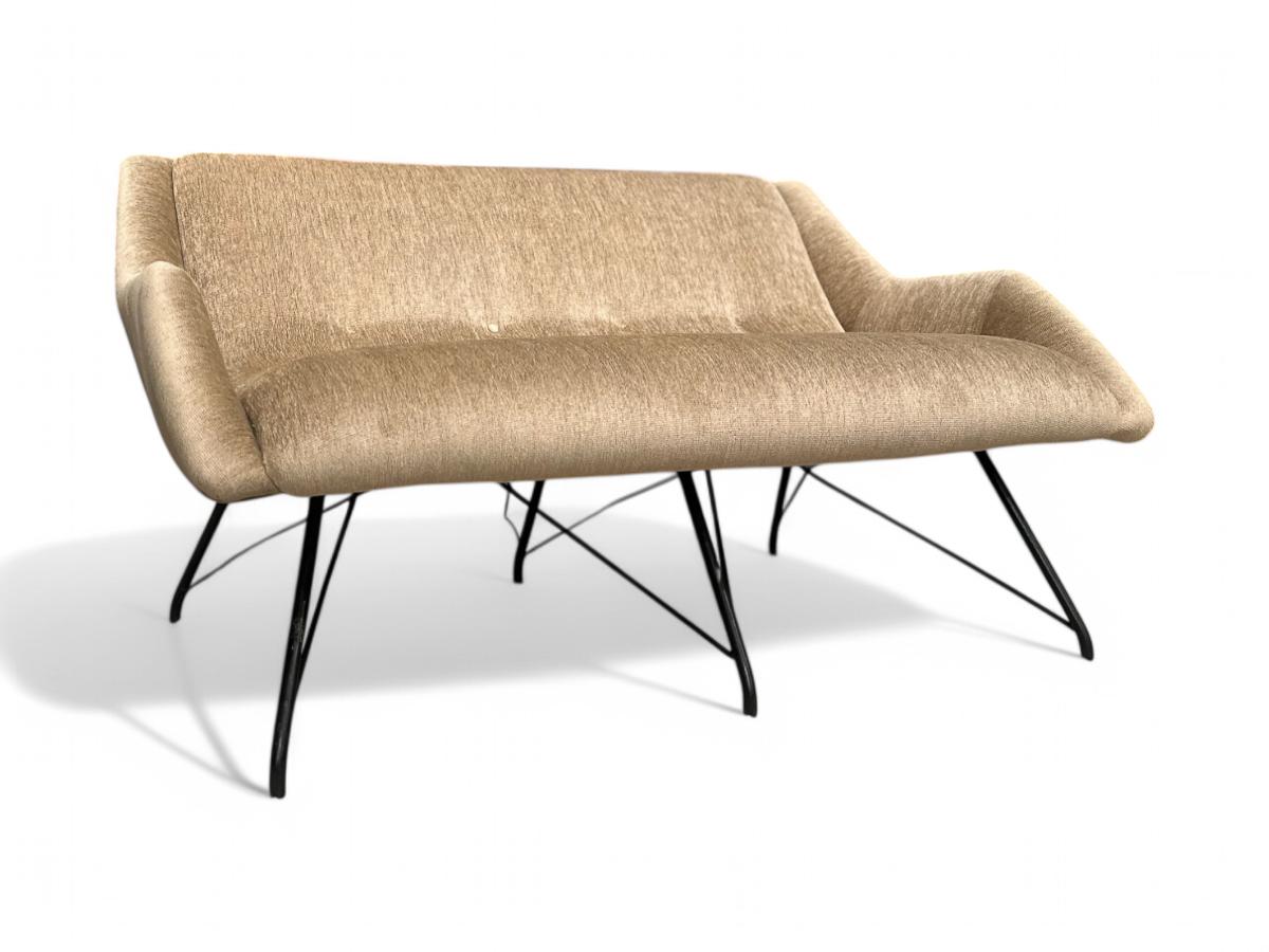 Available now, this Mid-Century Modern loveseat in a luxurious soft gold upholstery & iron, was designed by Carlo Hauner and manufactured by Forma Moveis in Brazil 1955 and is a showstopper! 

The name of the model is “Concha” (“Shell” in