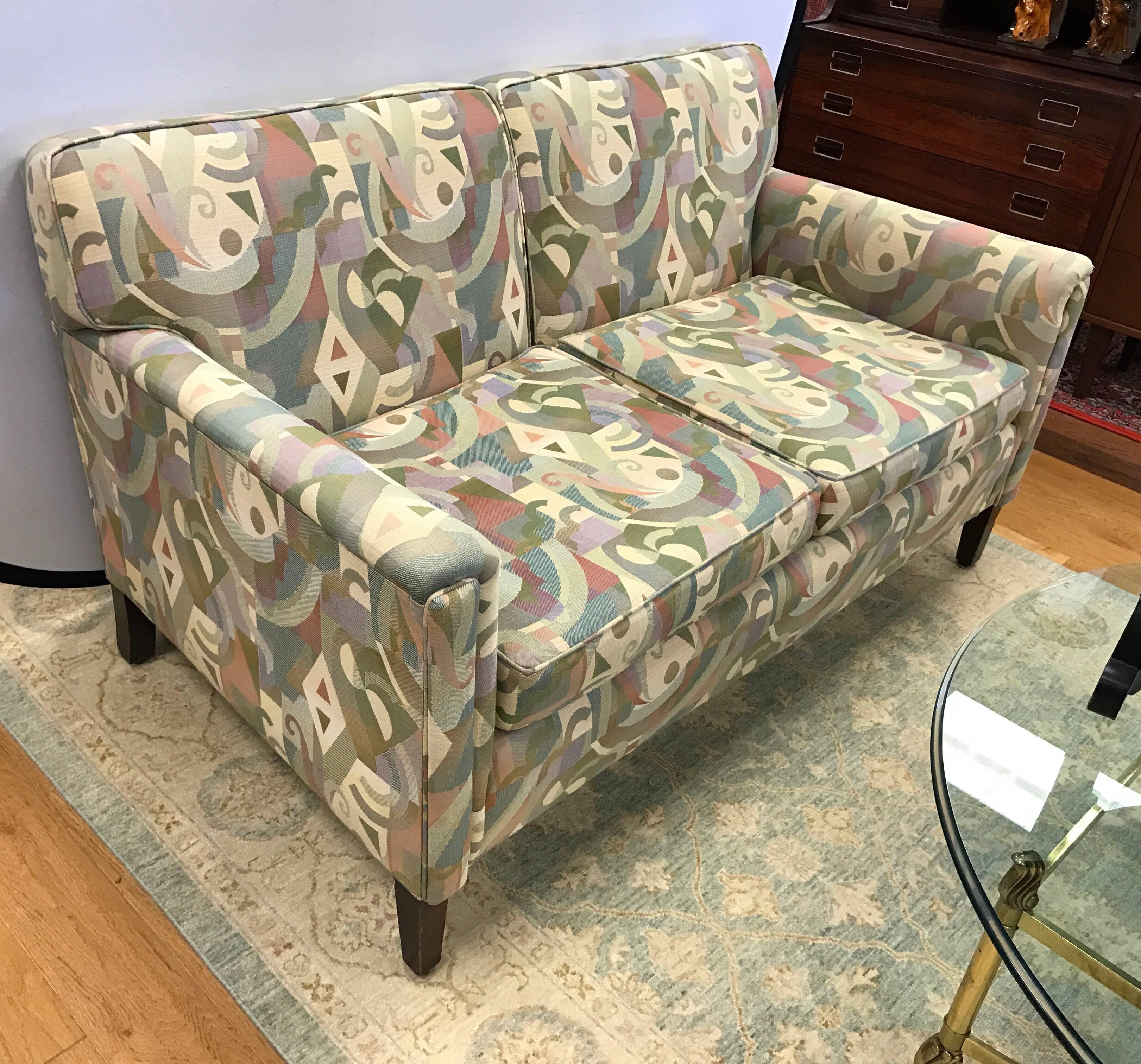 Mod mid-century modern settee or loveseat newly upholstered in a Knoll fabric.