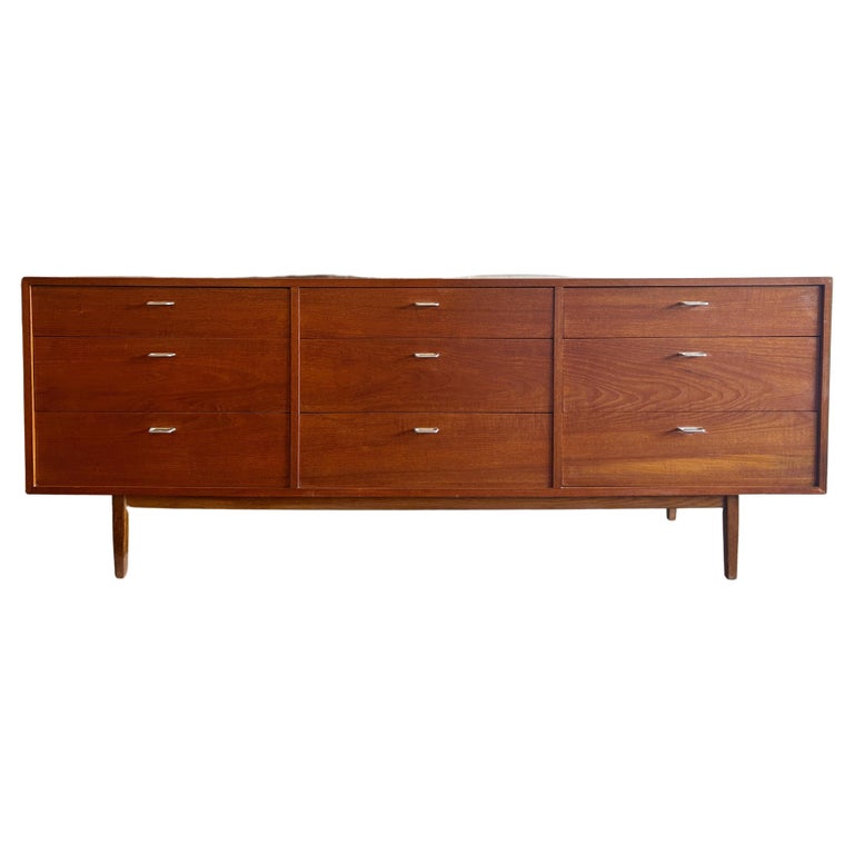 Mid century modern low 9 drawer walnut dresser with aluminum finger