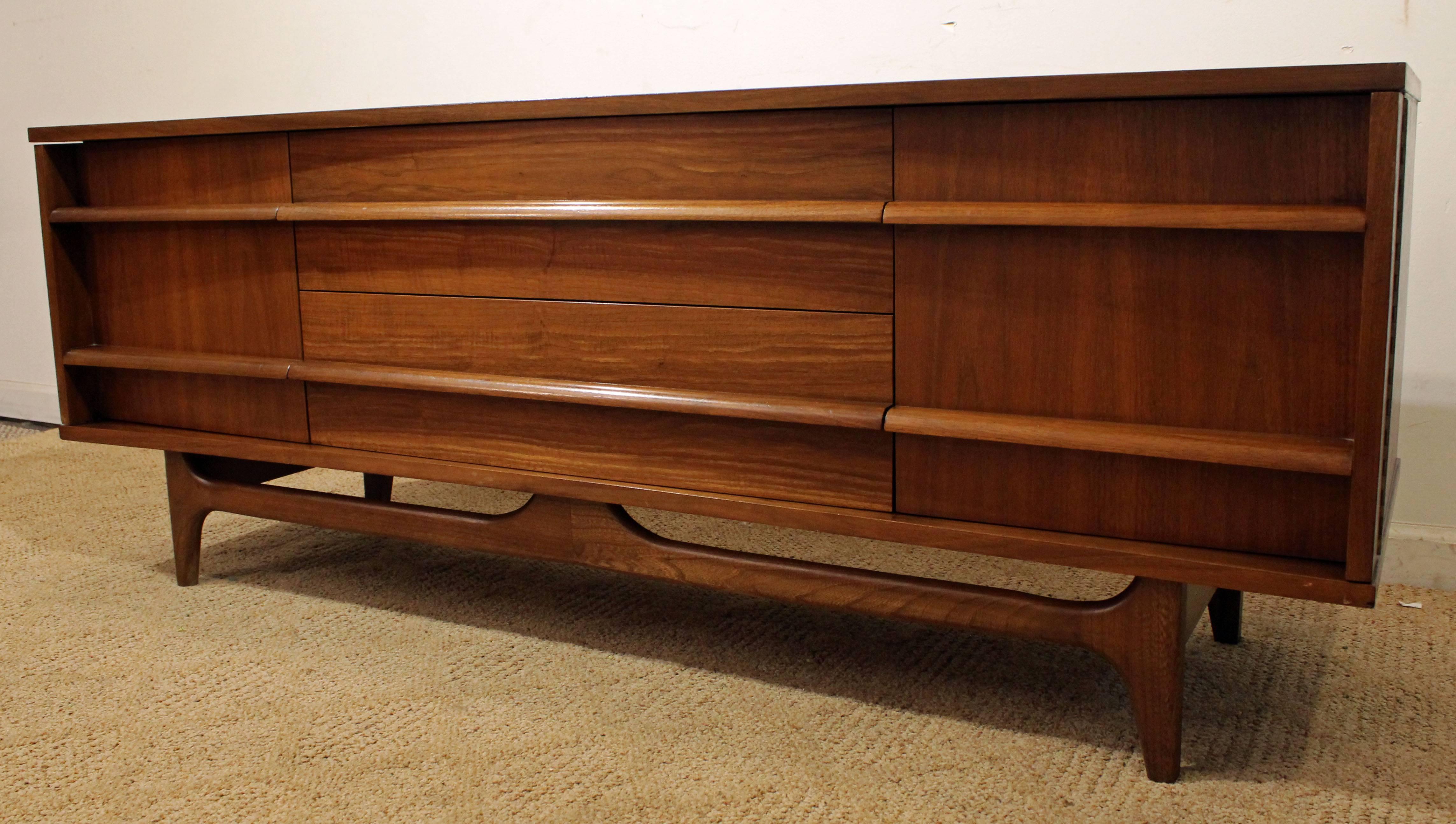 American Mid-Century Modern Low Concave-Front Walnut Credenza