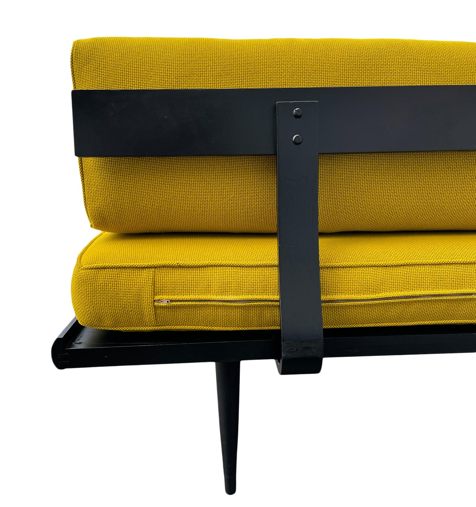 Woodwork Mid-Century Modern Low Daybed Black Lacquer Frame and Mustard Yellow Cushions