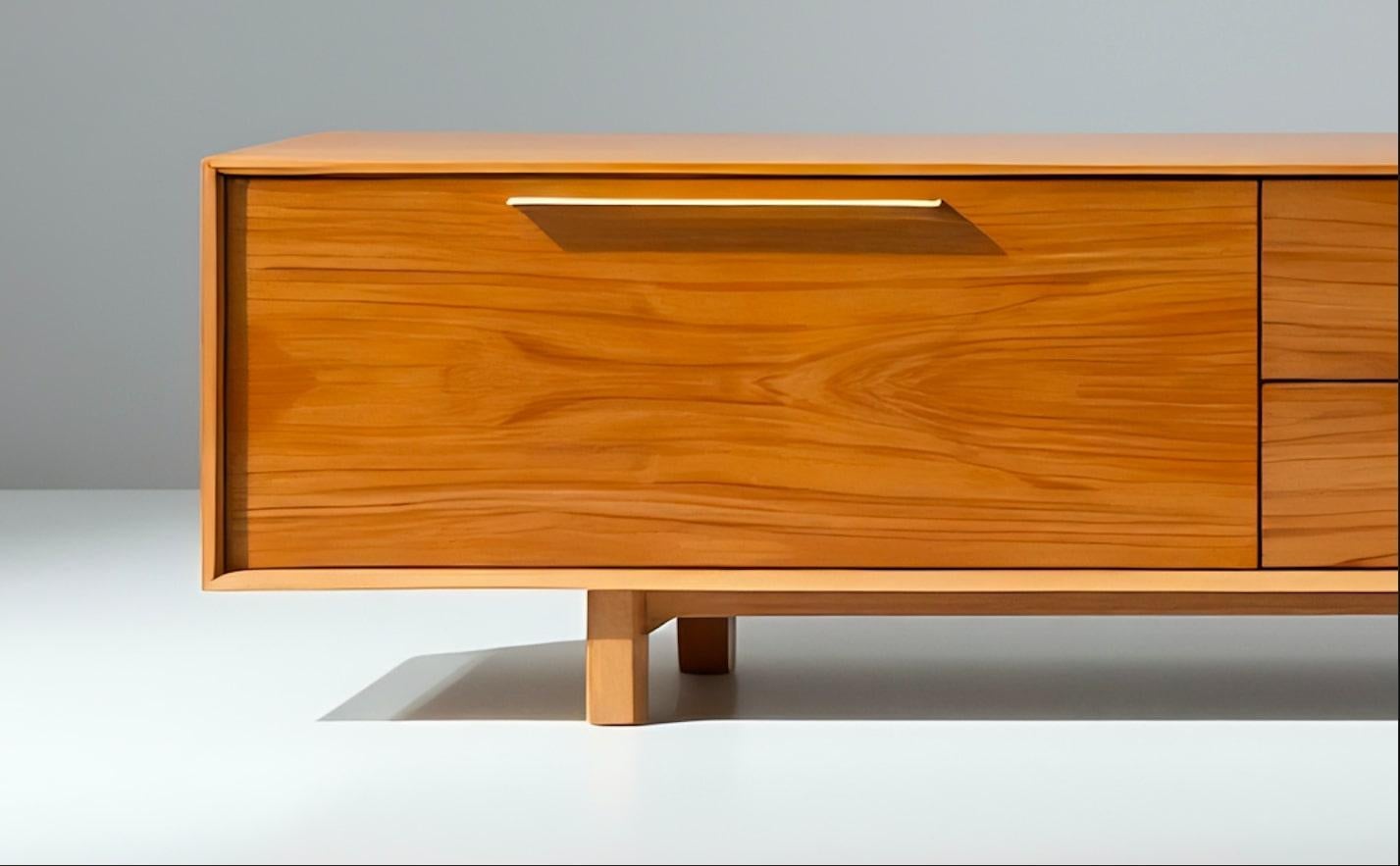 Una miscela perfetta di minimalismo moderno ed eleganza funzionale, questa credenza a basso profilo è una raffinata soluzione di archiviazione progettata per gli interni contemporanei. La sua silhouette slanciata, le calde tonalità del legno e le