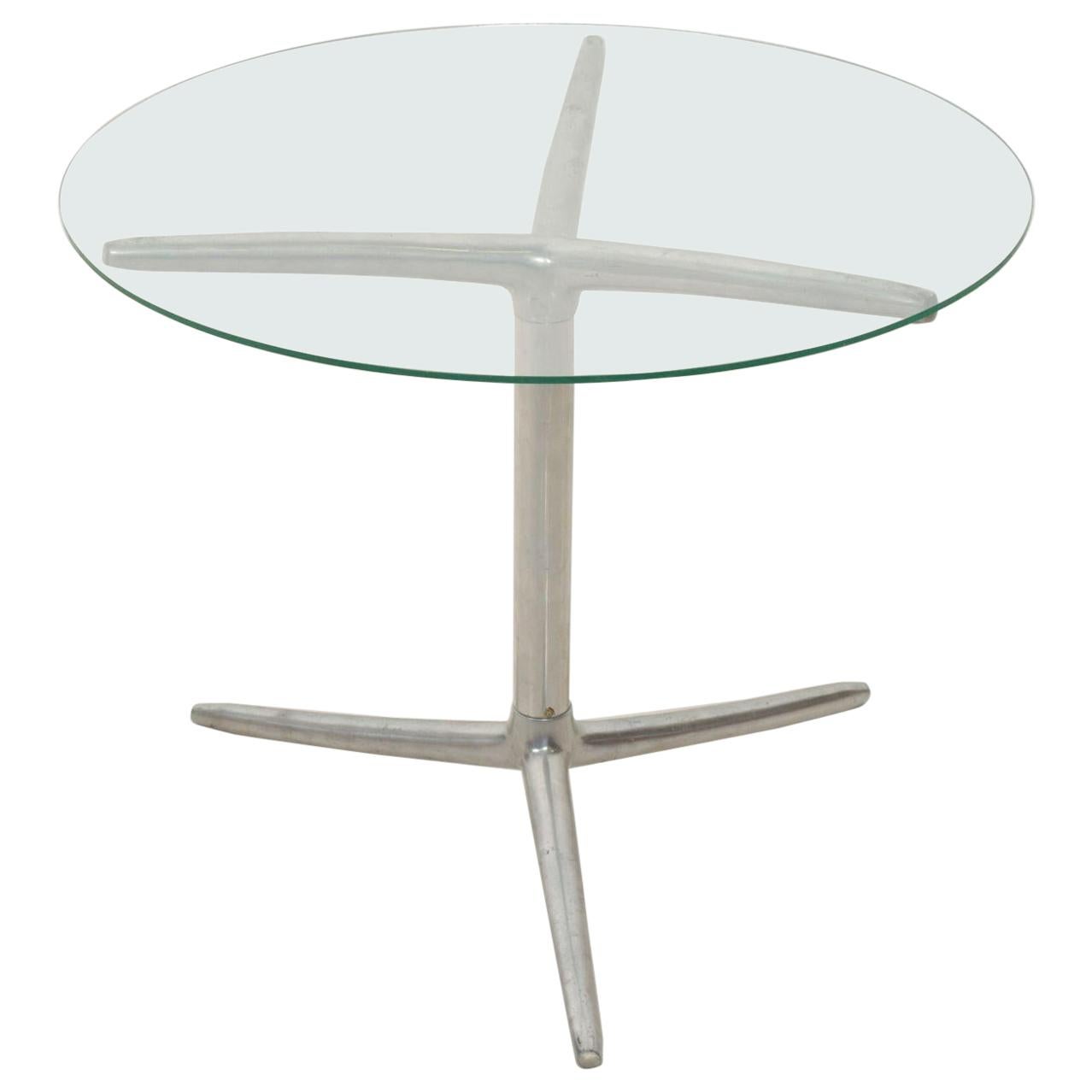 Midcentury Modern Aluminum Tripod Side Table Glass Top 1970s