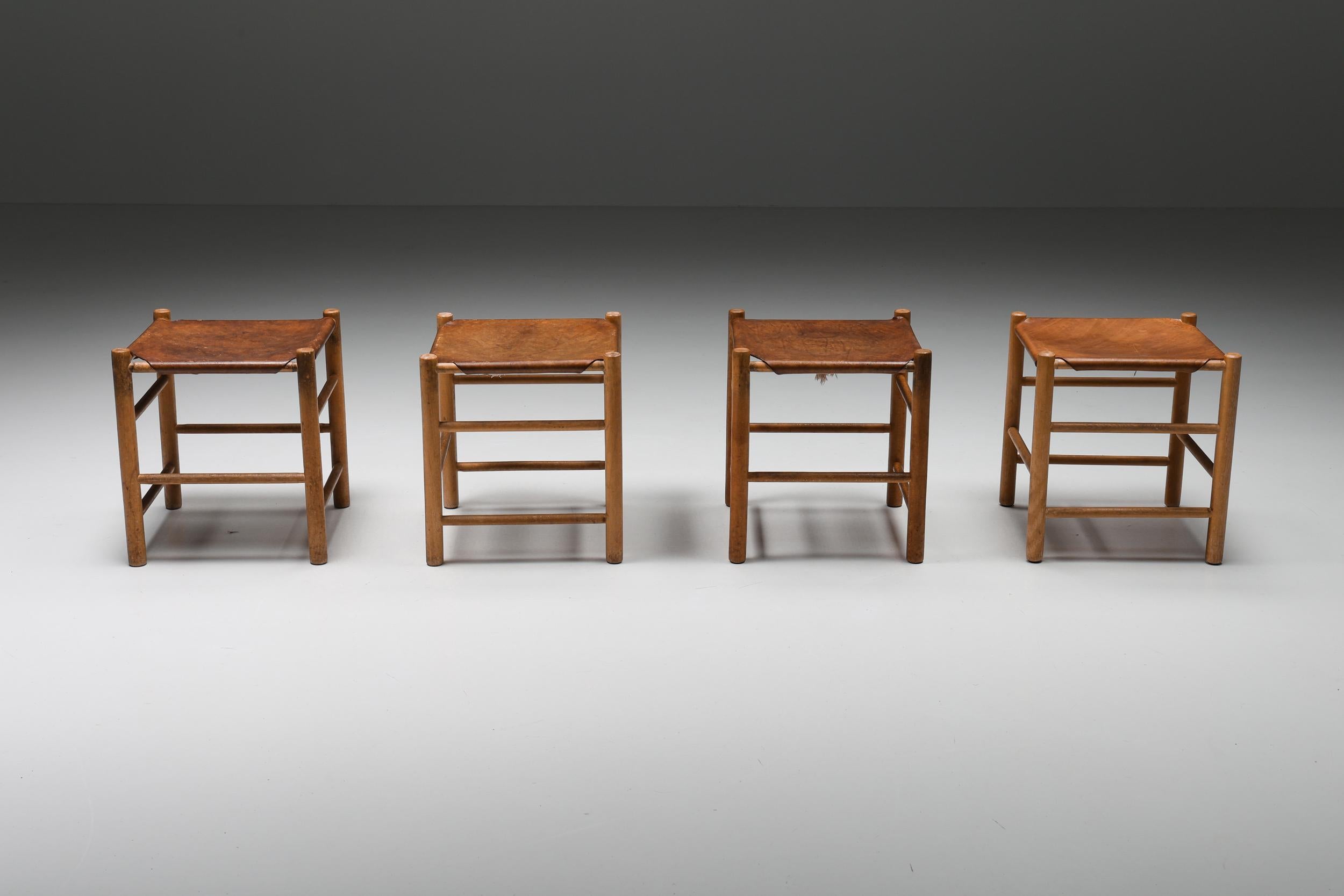 Mid-Century Modern Low Stools in Wood and Leather, French, 1950's In Excellent Condition In Antwerp, BE