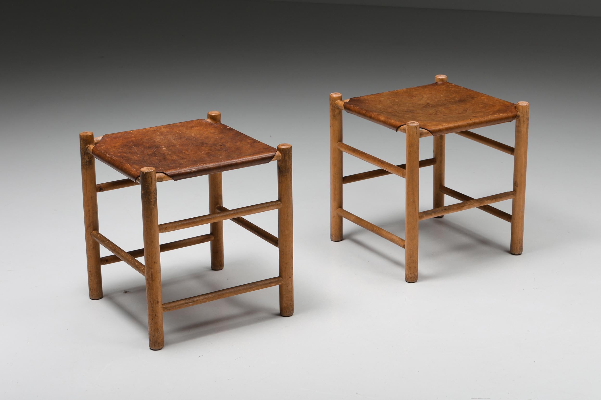 Mid-20th Century Mid-Century Modern Low Stools in Wood and Leather, French, 1950's