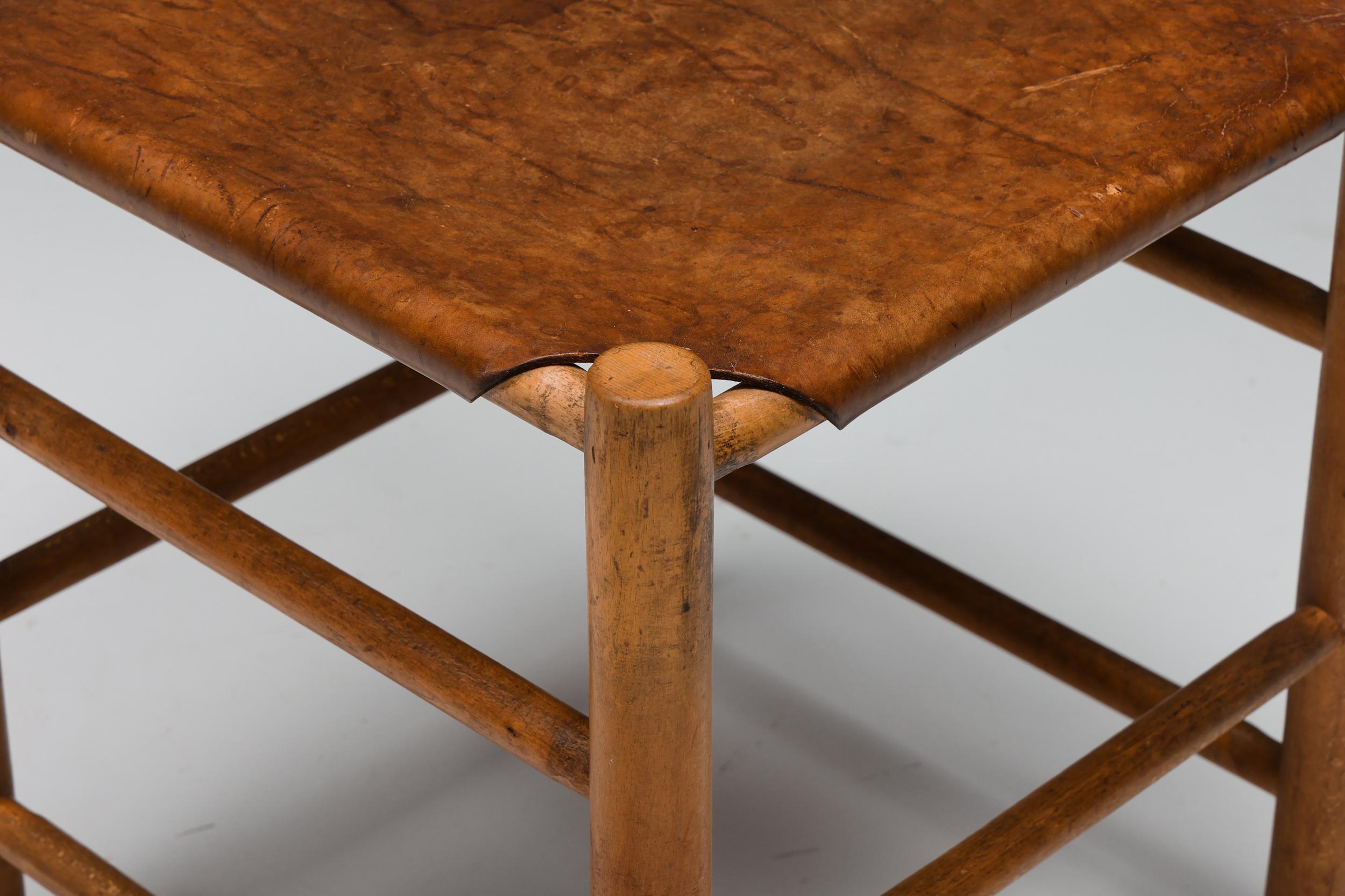 Mid-Century Modern Low Stools in Wood and Leather, French, 1950's 5