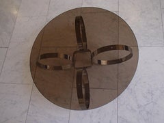 Mid-Century Modern Low Table Chrome Rings and Brown Glass Top
