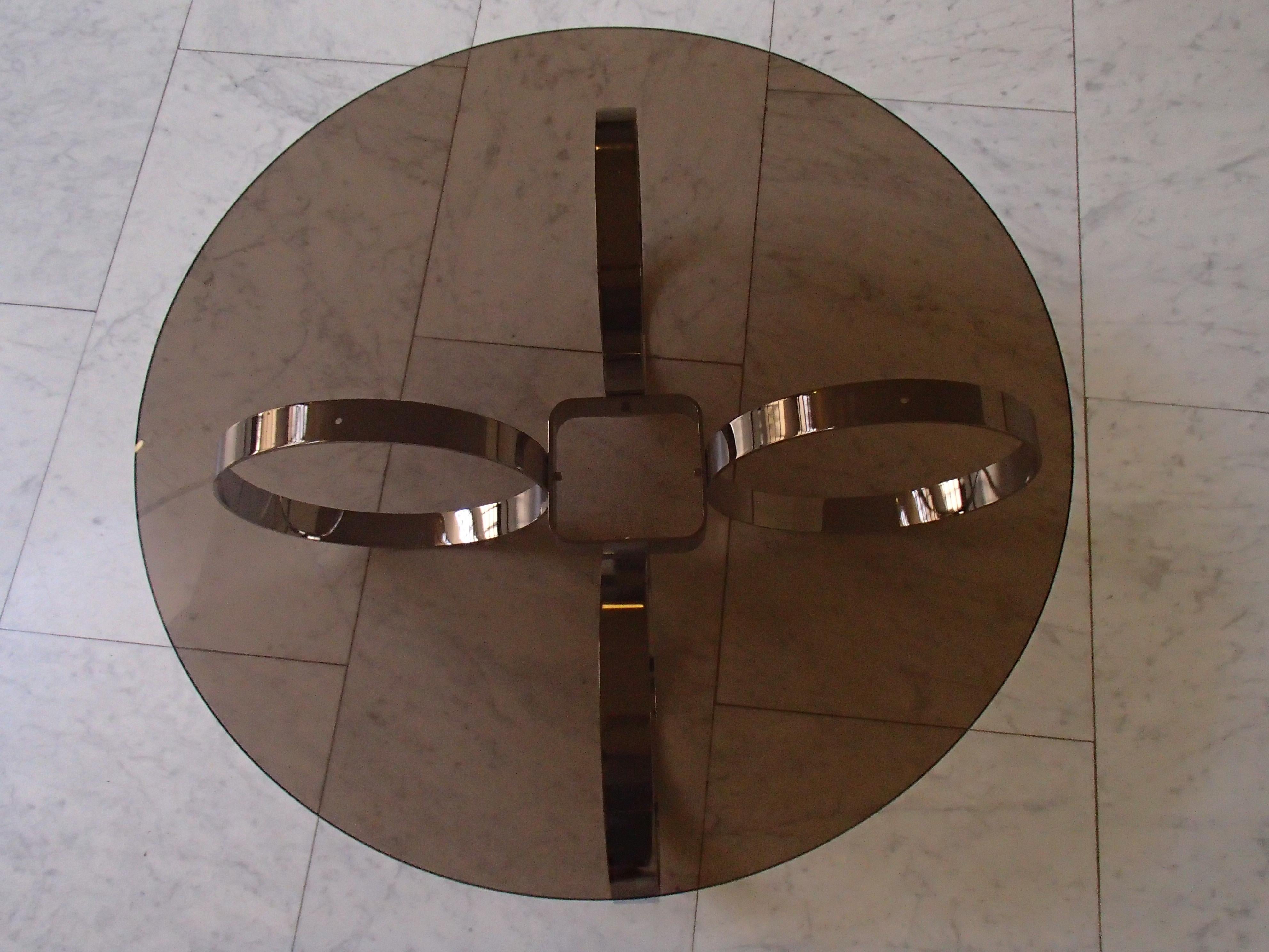 German Mid-Century Modern Low Table Chrome Rings and Brown Glass Top For Sale