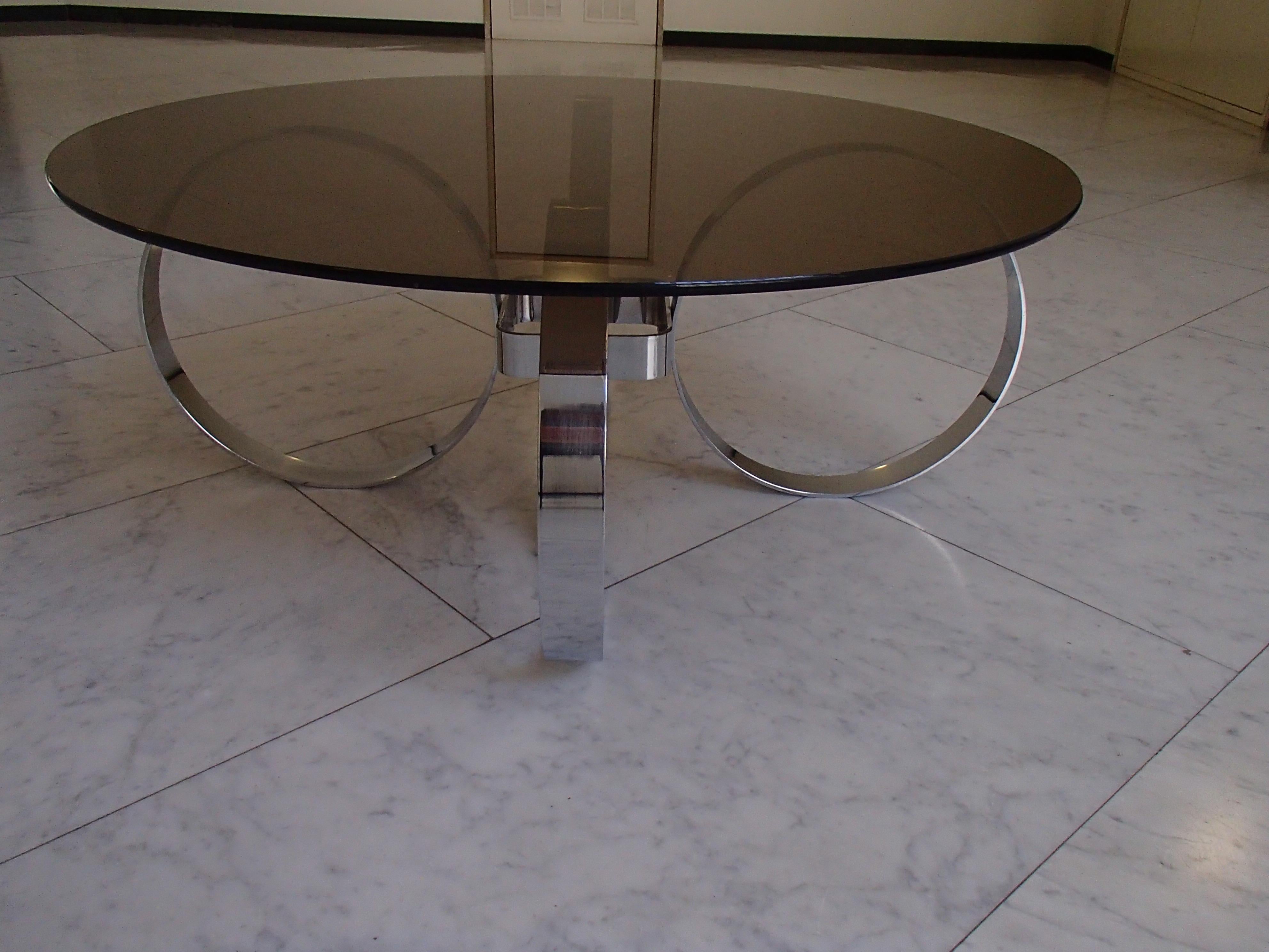 Late 20th Century Mid-Century Modern Low Table Chrome Rings and Brown Glass Top For Sale