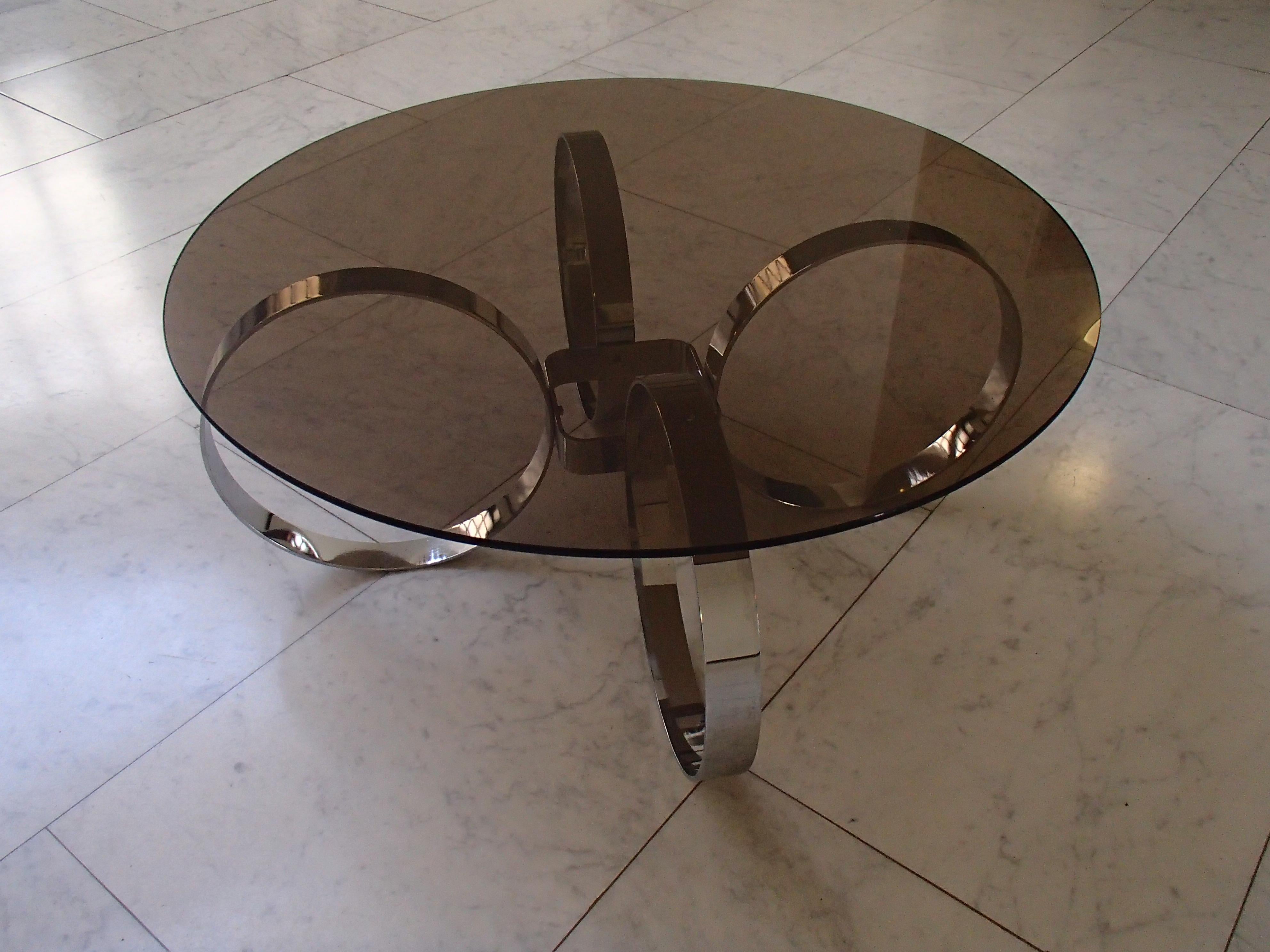 Mid-Century Modern Low Table Chrome Rings and Brown Glass Top For Sale 1