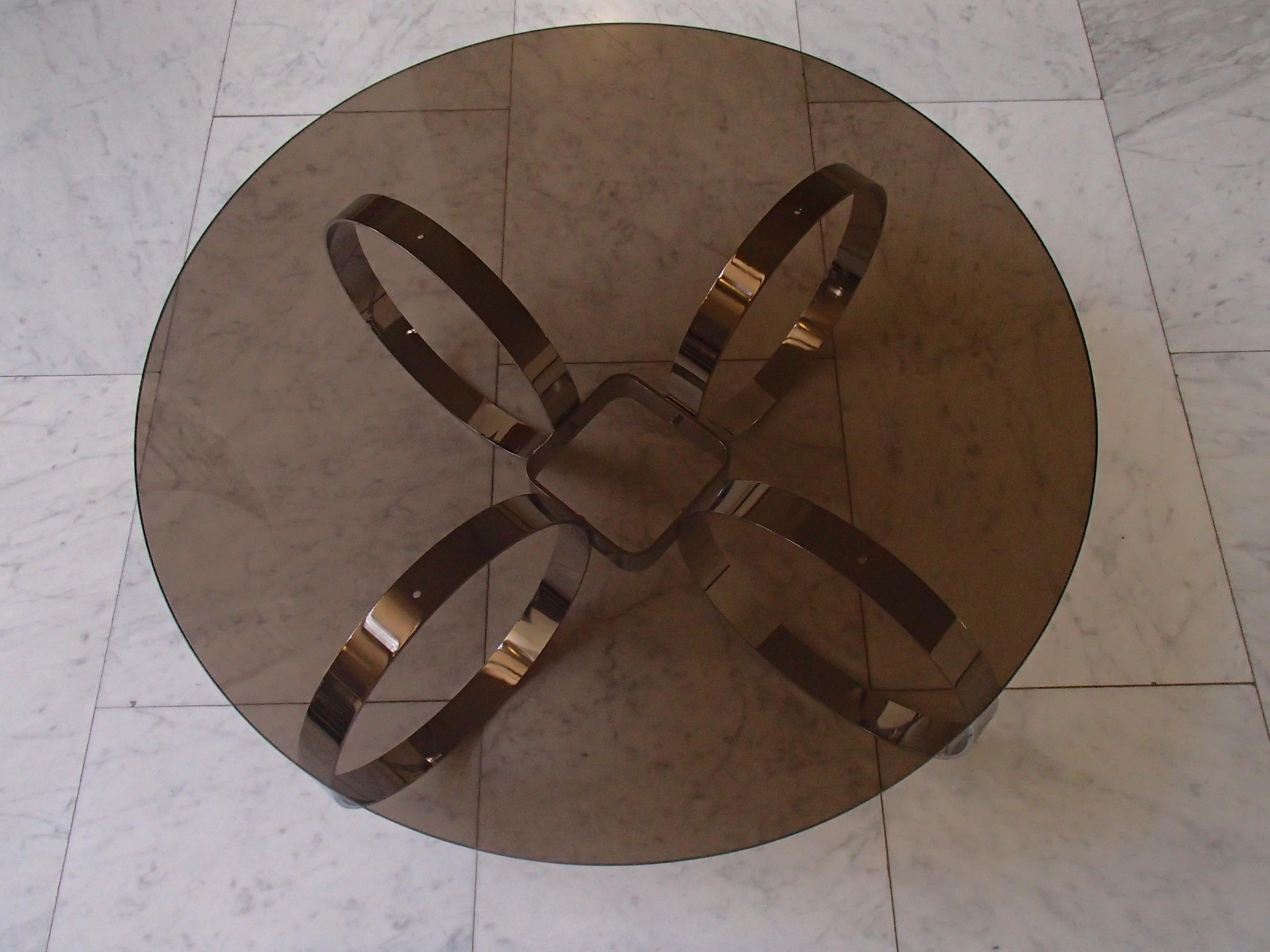 Mid-Century Modern Low Table Chrome Rings and Brown Glass Top For Sale 2