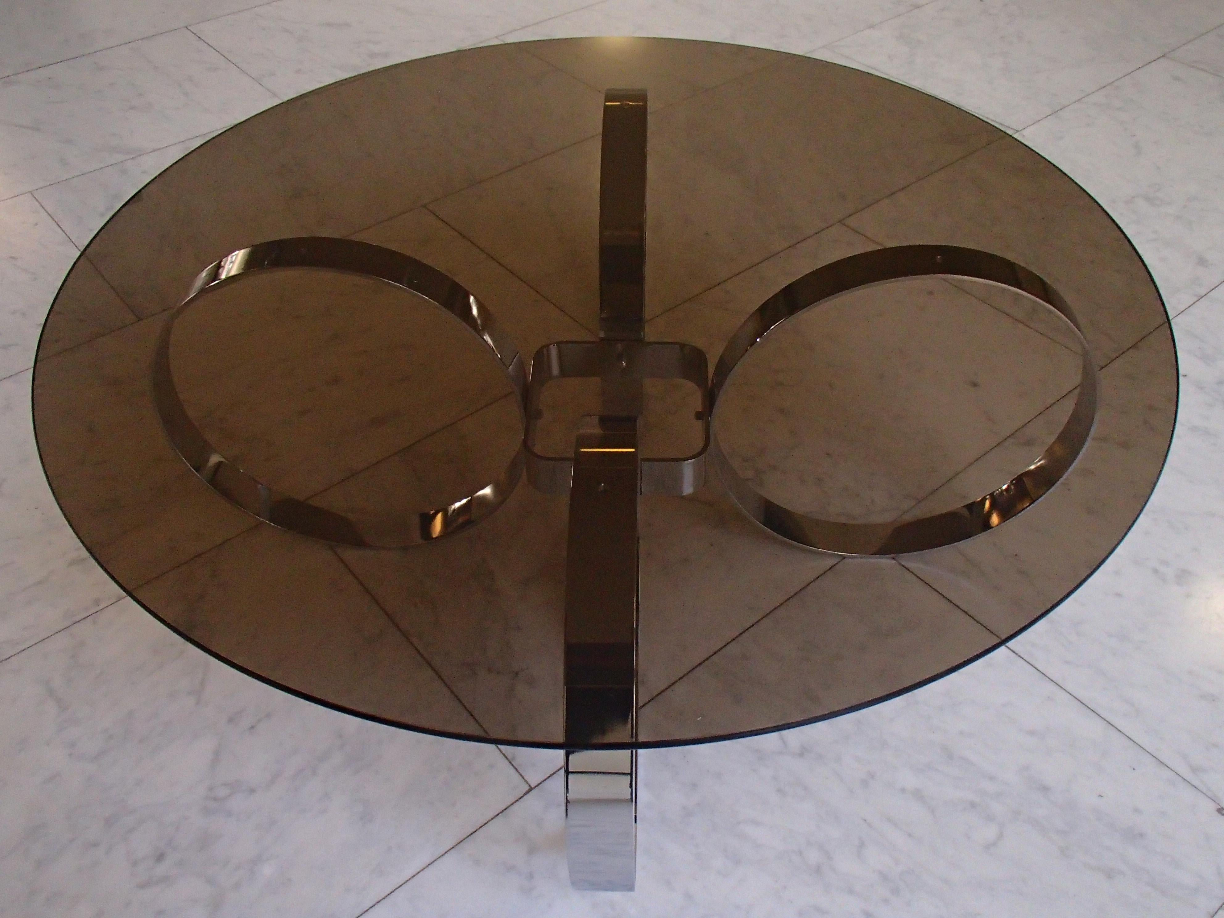 Mid-Century Modern Low Table Chrome Rings and Brown Glass Top For Sale 3