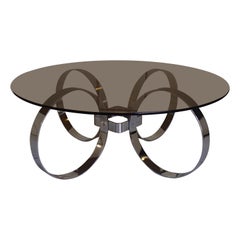 Retro Mid-Century Modern Low Table Chrome Rings and Brown Glass Top