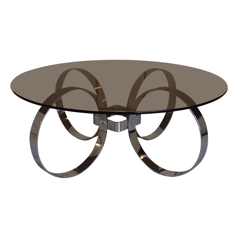 MidCentury Modern Low Table Chrome Rings and Brown Glass Top For Sale