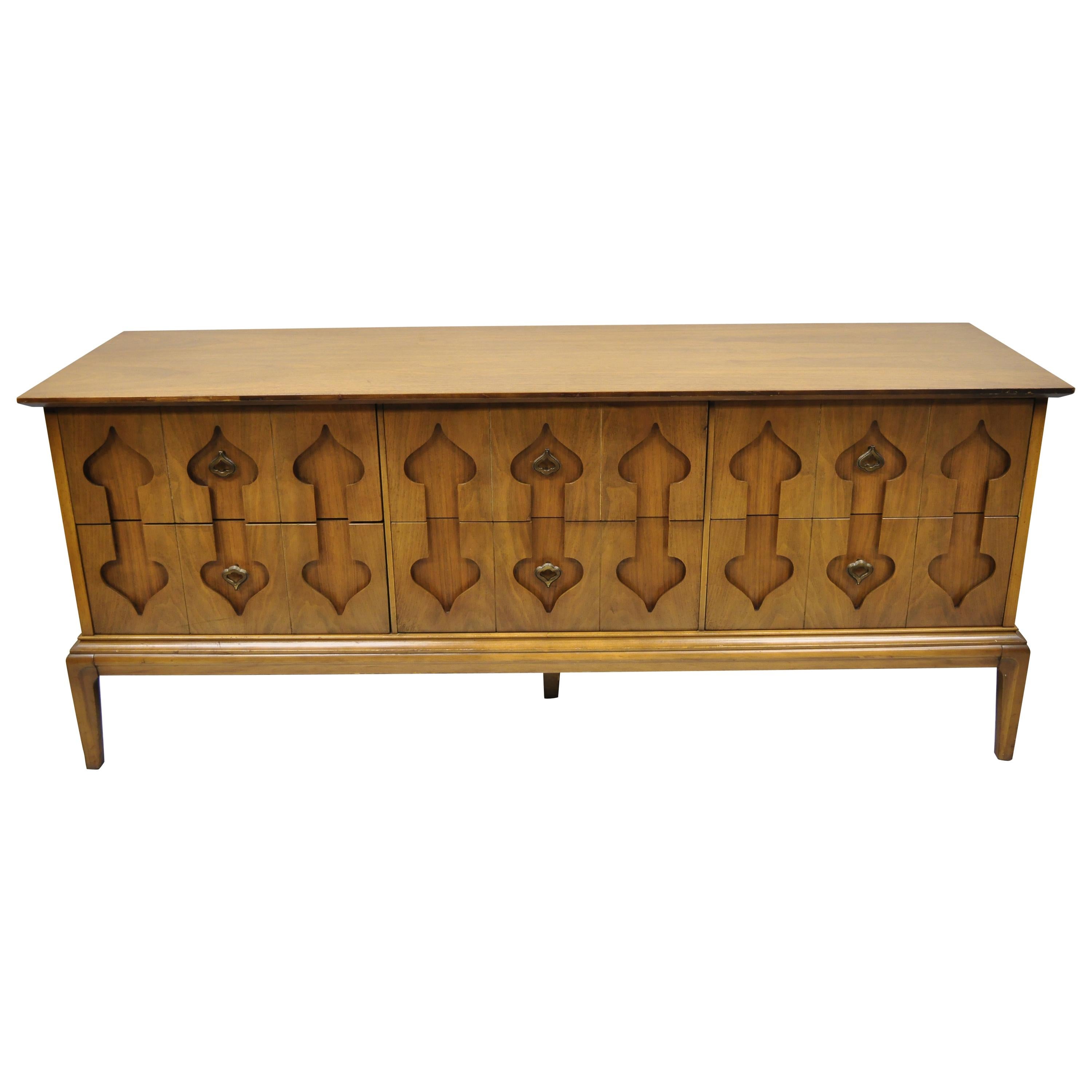 Mid-Century Modern Low Walnut Credenza Cabinet Carved "Spade" Fruit