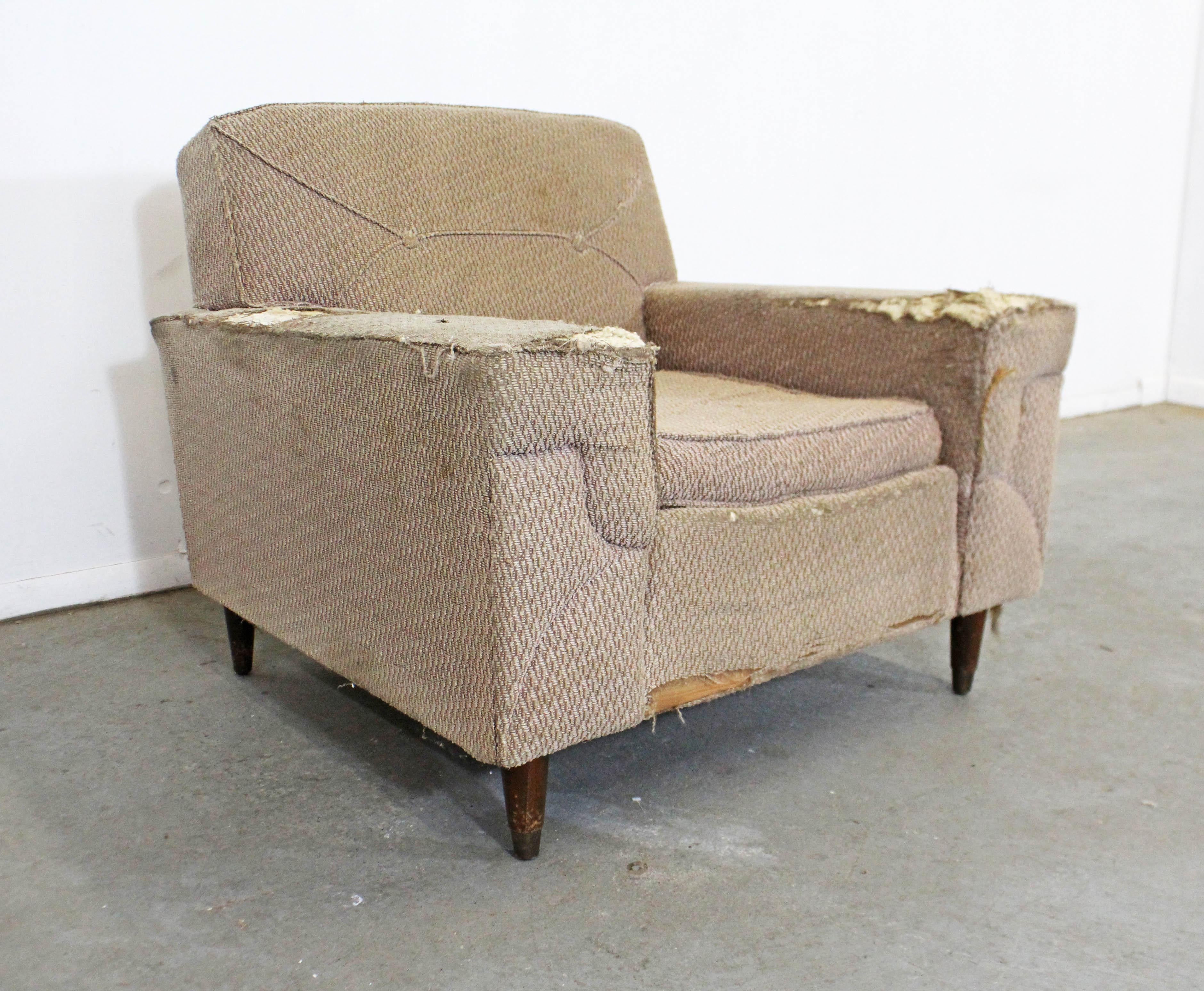 Offered is a vintage Mid-Century Modern lounge chair by Kroehler. This chair dates back to the 1950s, shows obvious age wear and needs to be reupholstered. It is structurally sound. It is signed by Kroehler. Needs work, but has lots of potential1