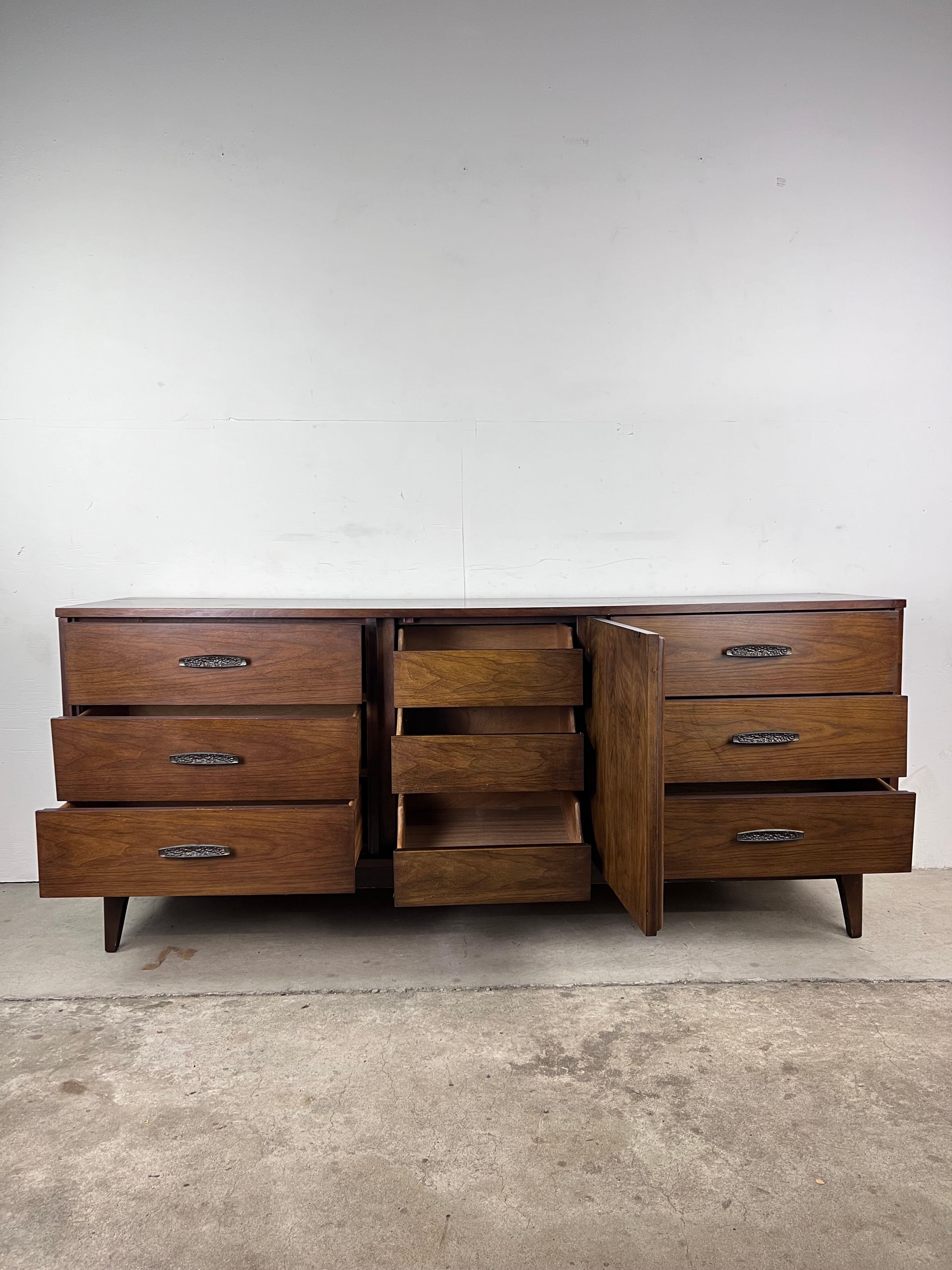 American Mid-Century Modern Lowboy 9 Drawer Dresser with Brass Hardware