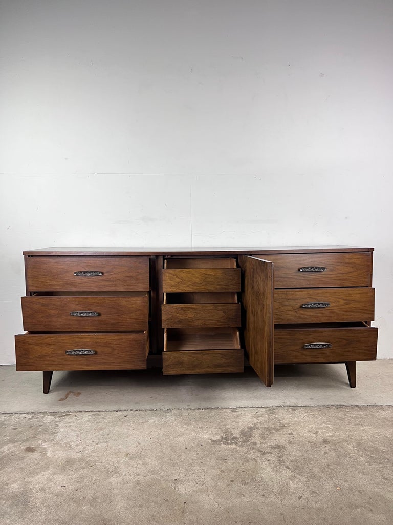 MidCentury Modern Lowboy 9 Drawer Dresser with Brass Hardware For Sale at 1stDibs