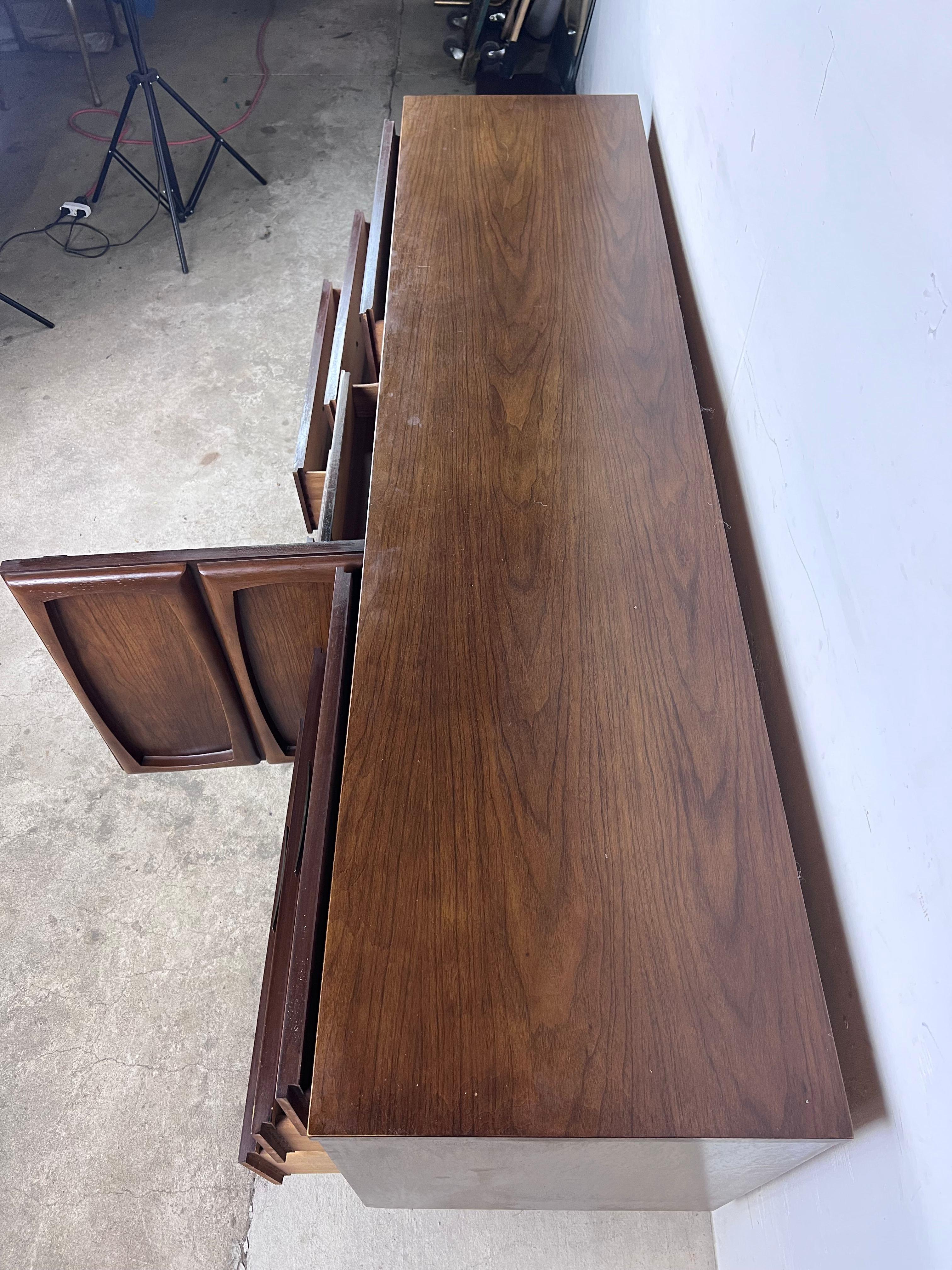 Mid-20th Century Mid-Century Modern Lowboy 9 Drawer Dresser with Brass Hardware