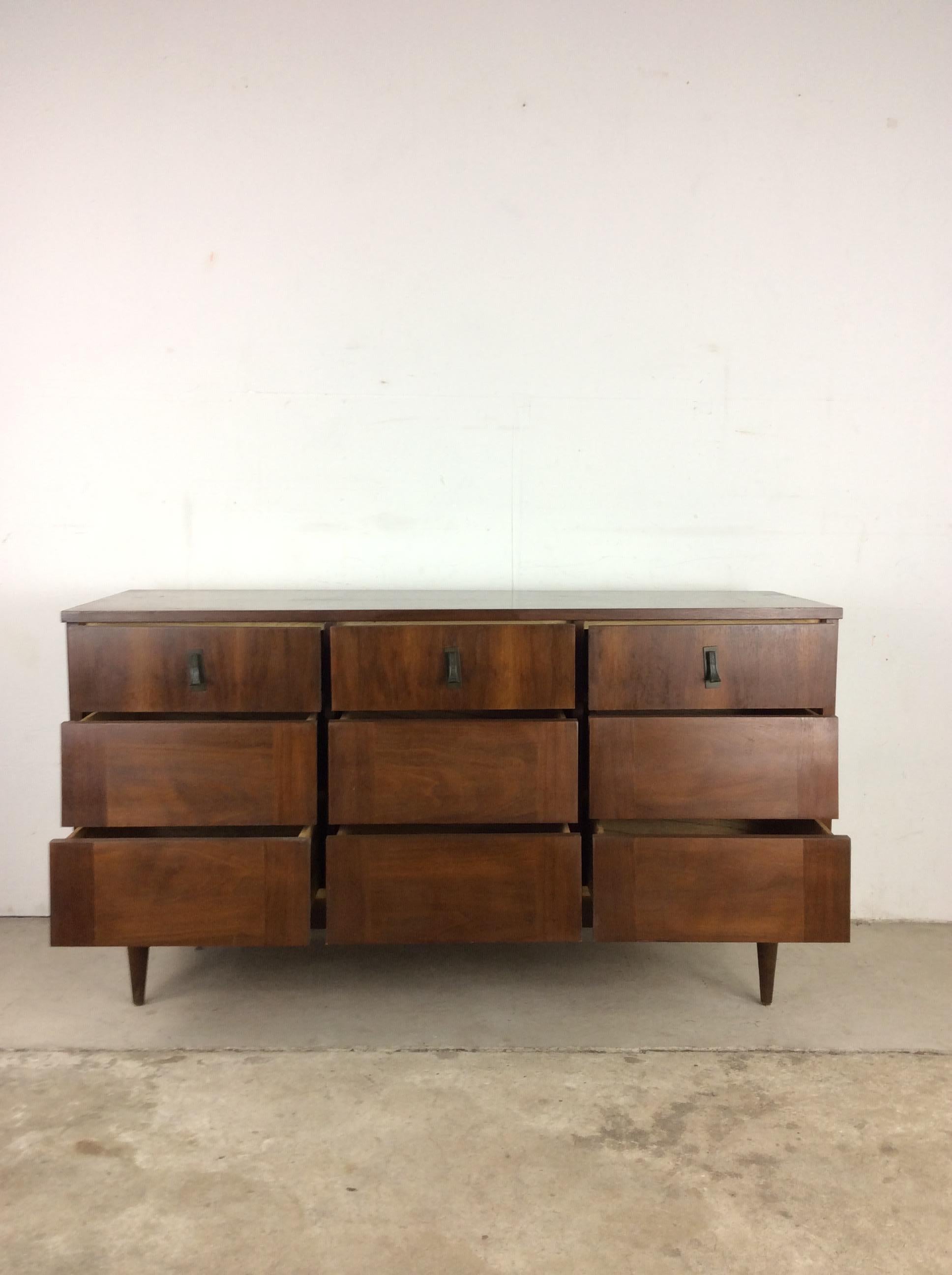 Mid-20th Century Mid-Century Modern Lowboy Dresser with 9 Drawers and Brass Hardware