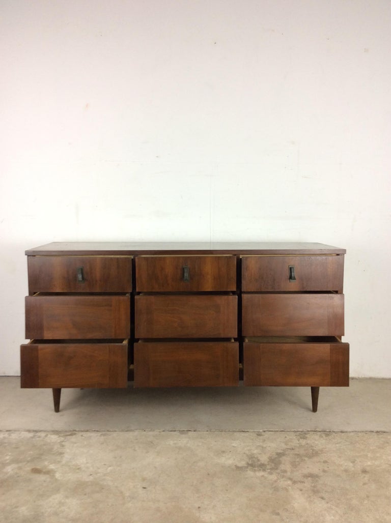 MidCentury Modern Lowboy Dresser with 9 Drawers and Brass Hardware For Sale at 1stDibs