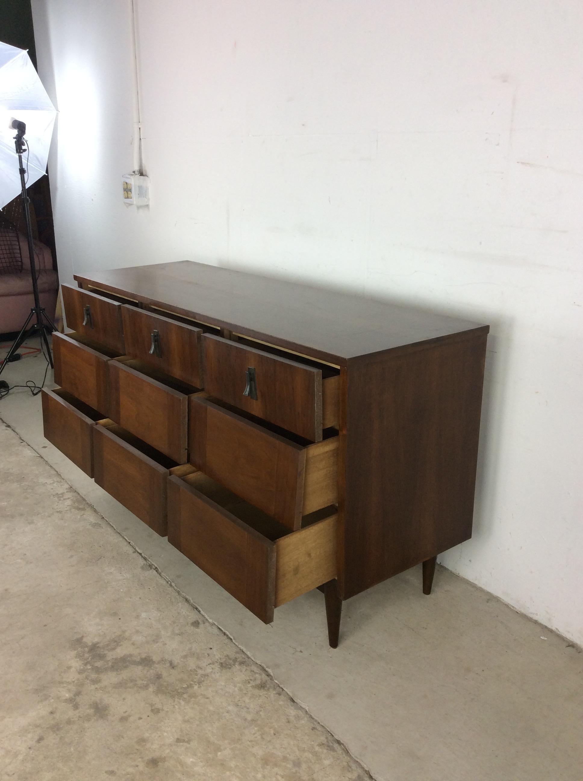 Mid-Century Modern Lowboy Dresser with 9 Drawers and Brass Hardware 1