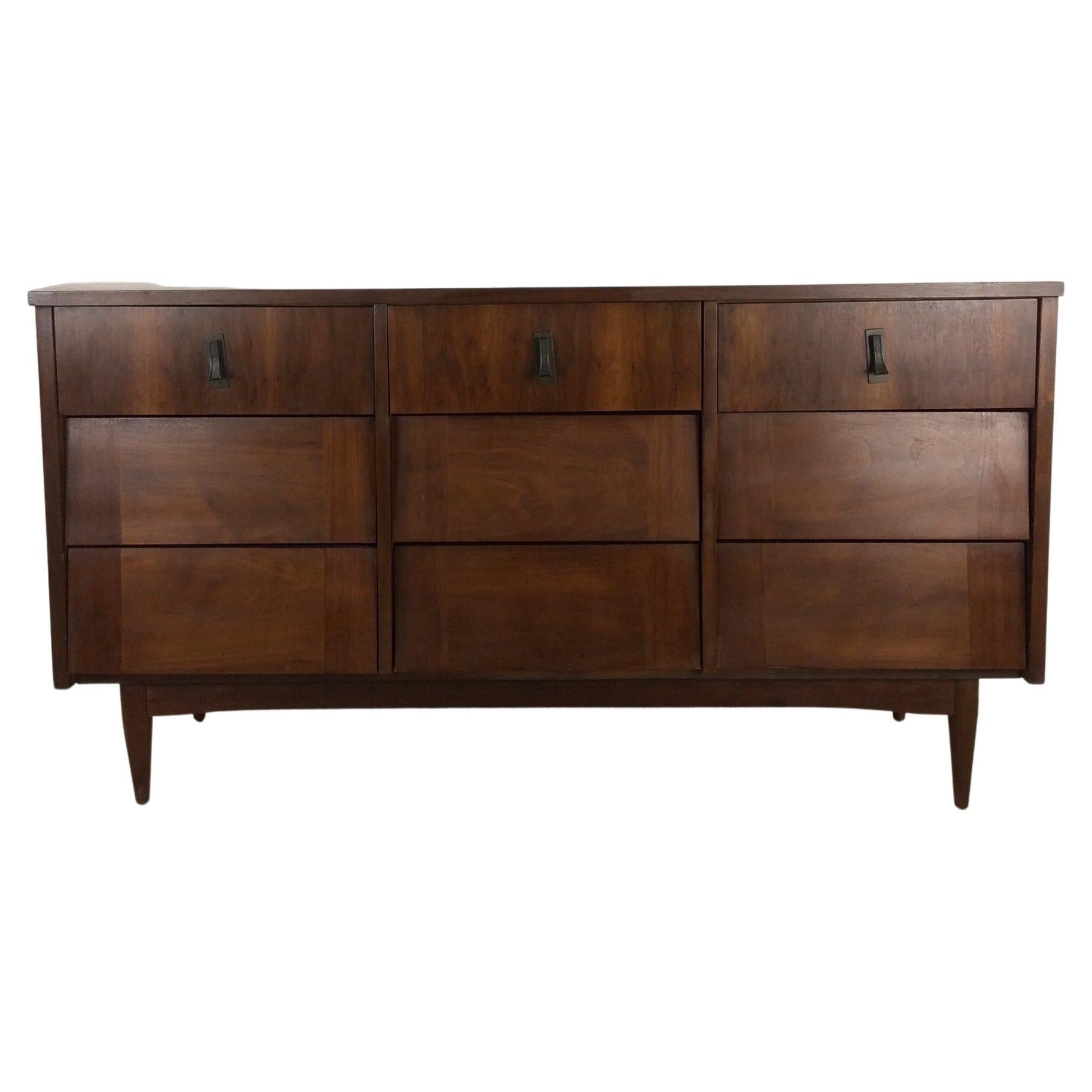 Mid-Century Modern Lowboy Dresser with 9 Drawers and Brass Hardware