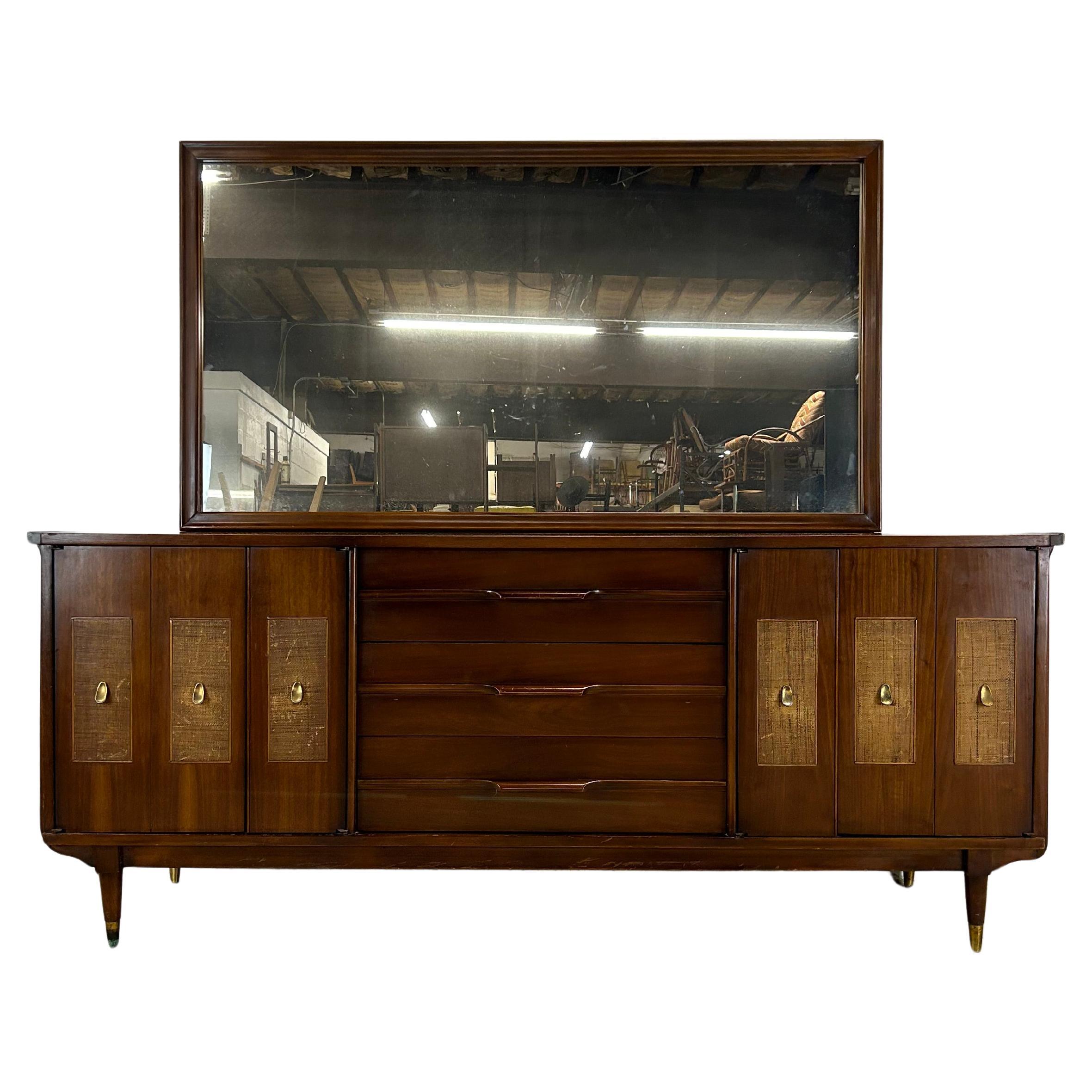 Mid Century Modern Lowboy Dresser with Caned Fronts & Mirror
