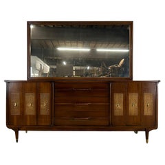 Mid Century Modern Lowboy Dresser with Caned Fronts & Mirror