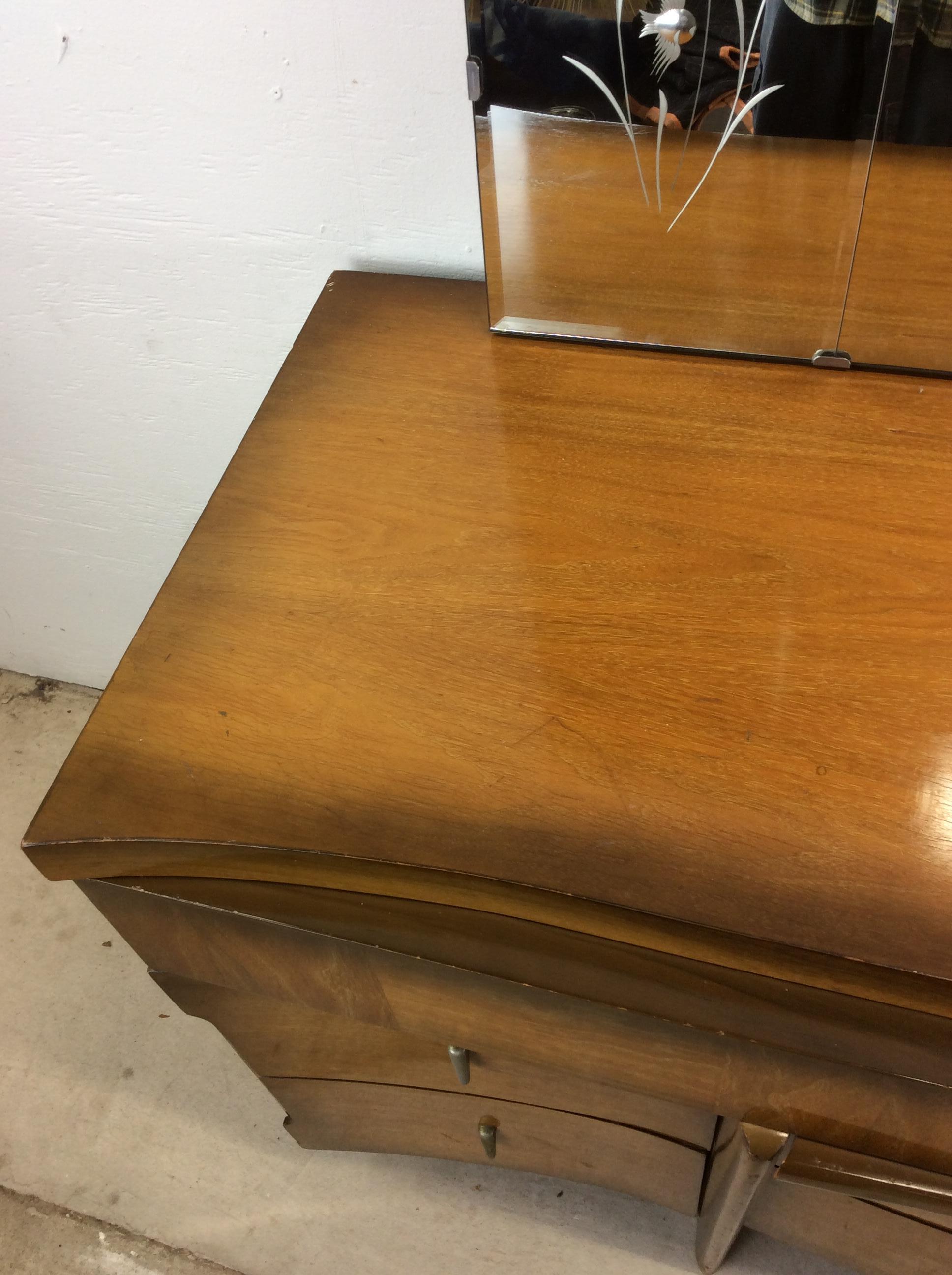 Mid Century Modern Lowboy Dresser with Mounted Mirror & Sled Legs For Sale 3