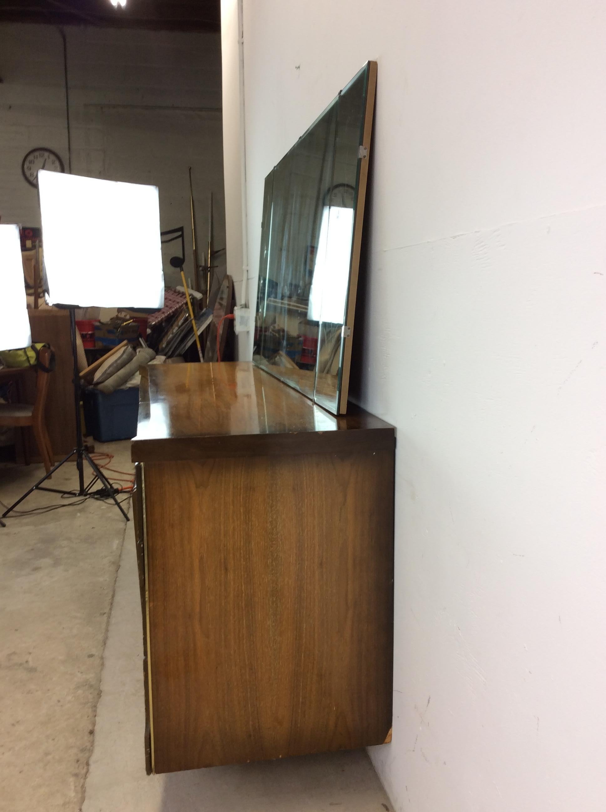 Mid Century Modern Lowboy Dresser with Mounted Mirror & Sled Legs For Sale 8