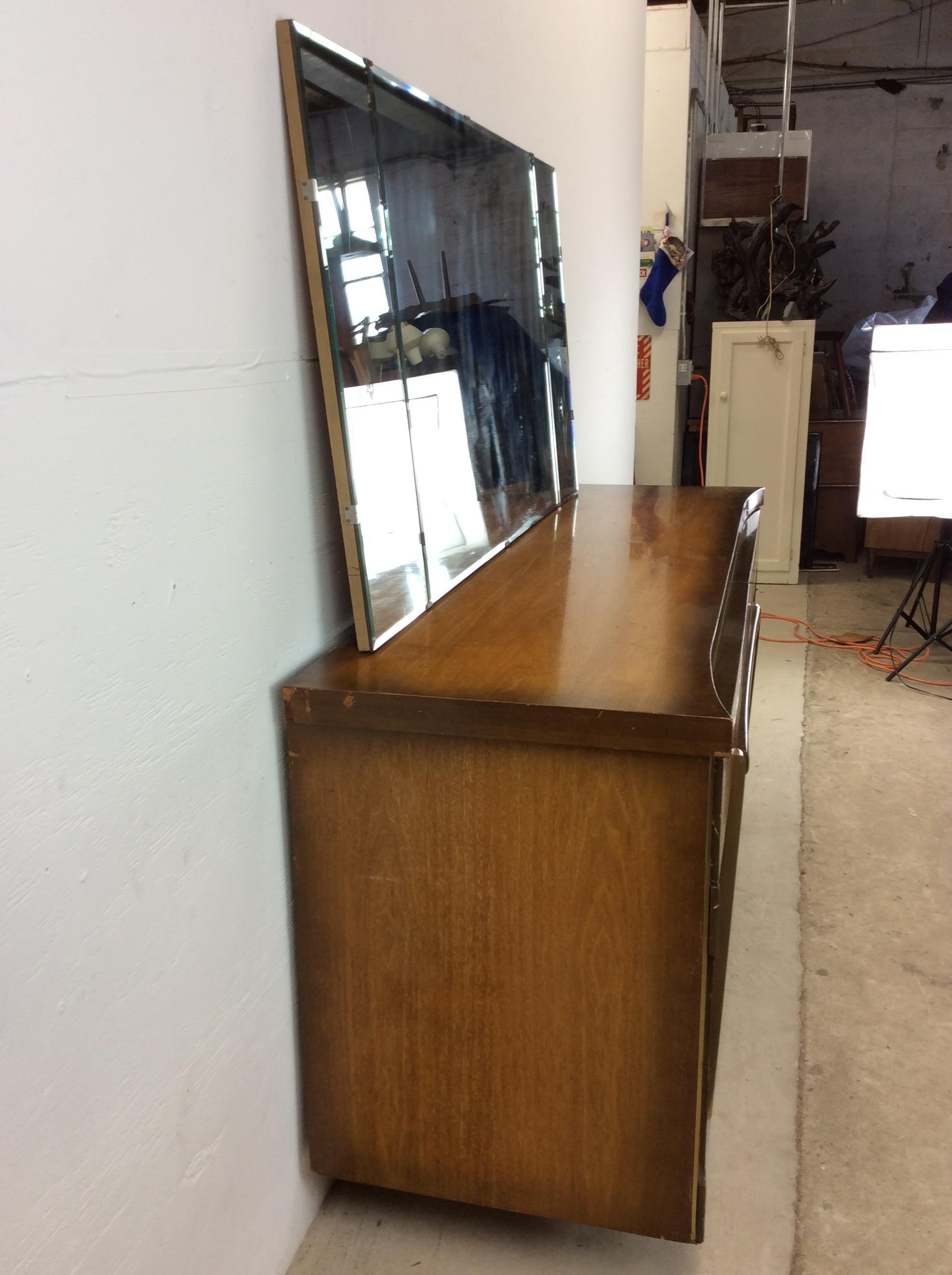 Mid Century Modern Lowboy Dresser with Mounted Mirror & Sled Legs For Sale 10