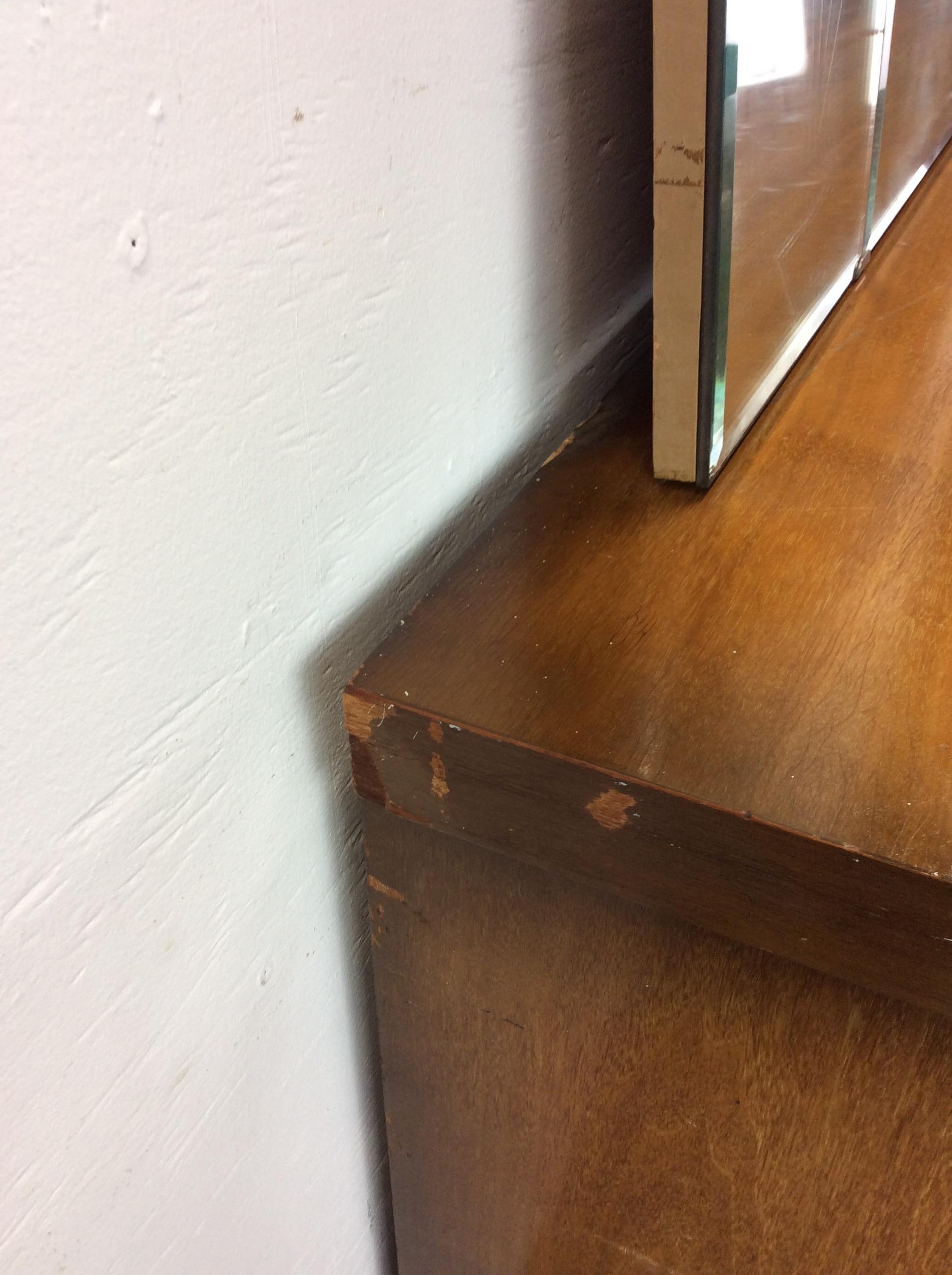 Mid Century Modern Lowboy Dresser with Mounted Mirror & Sled Legs For Sale 11