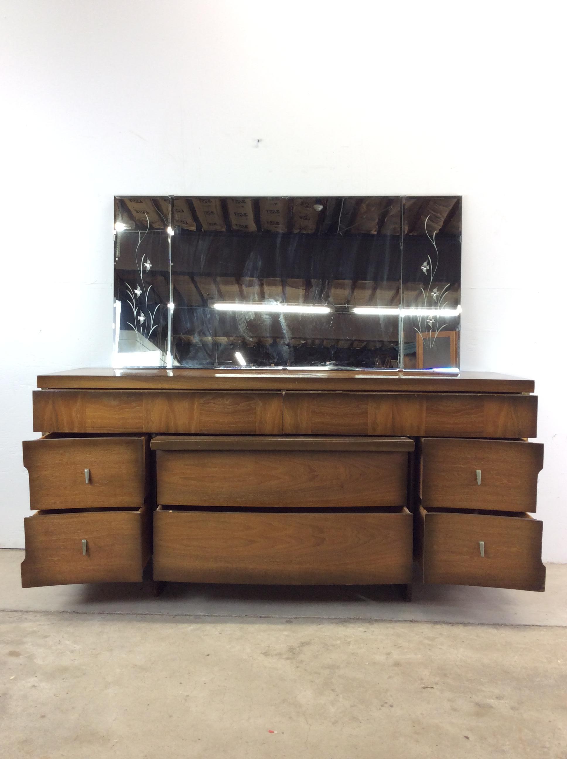 Mid Century Modern Lowboy Dresser with Mounted Mirror & Sled Legs For Sale 12