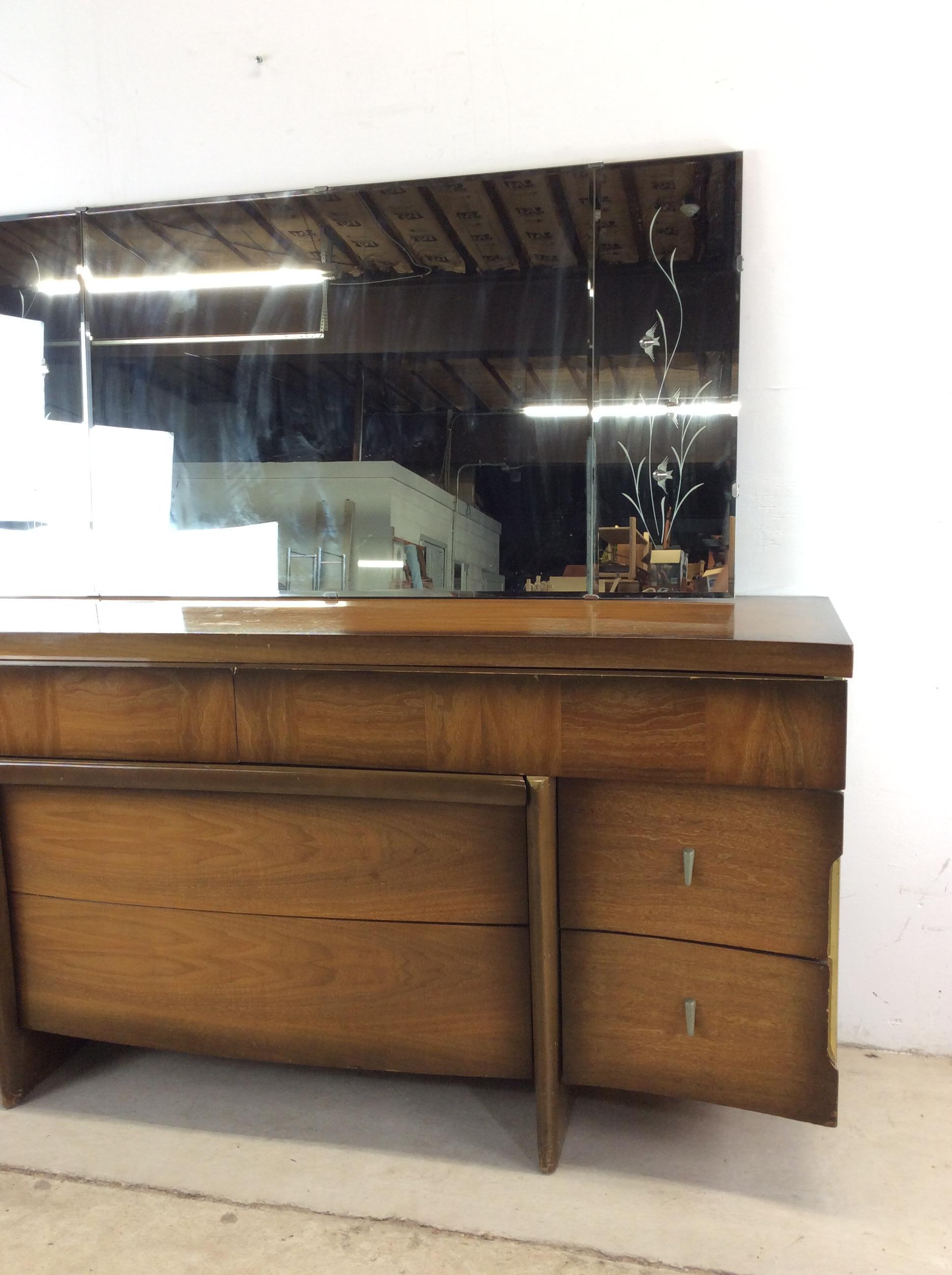 Mid-Century Modern Mid Century Modern Lowboy Dresser with Mounted Mirror & Sled Legs For Sale